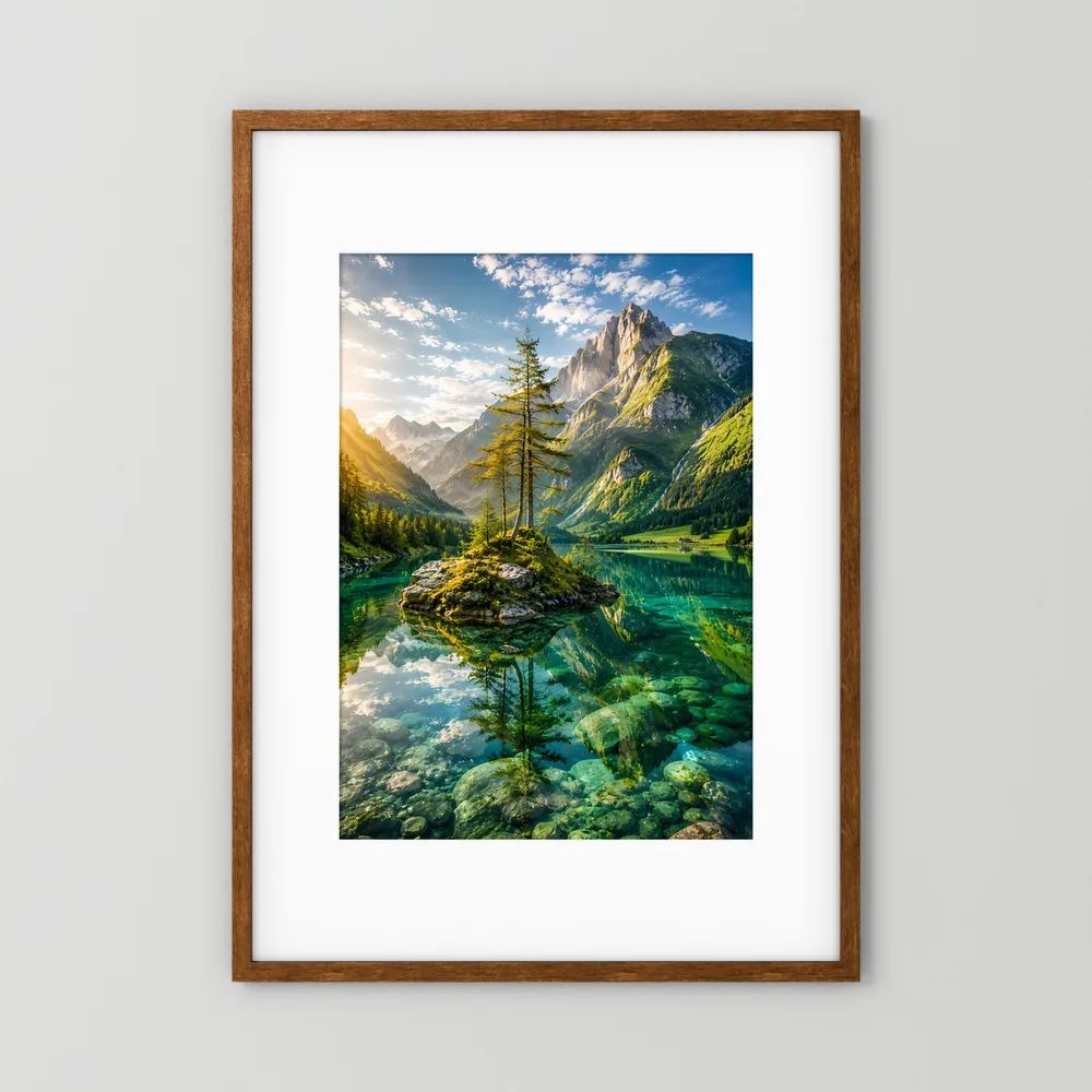 Hochformatiges Poster mit Bergsee und Bauminsel, grünes Wasser, Berge im Sonnenlicht, brauner Rahmen