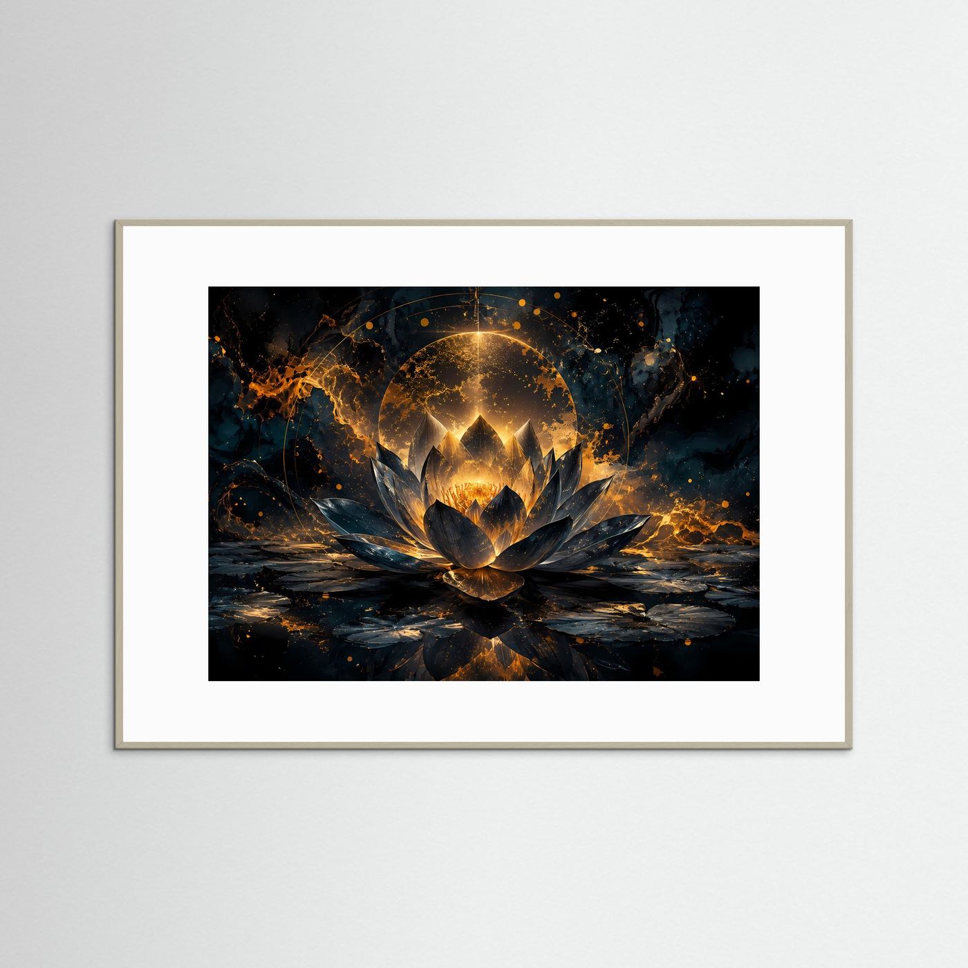 Goldener Lotus im Dunkeln Poster | Mystische Lotusblüte Schwarz Gold Elegantes Zen Wandbild Querformat