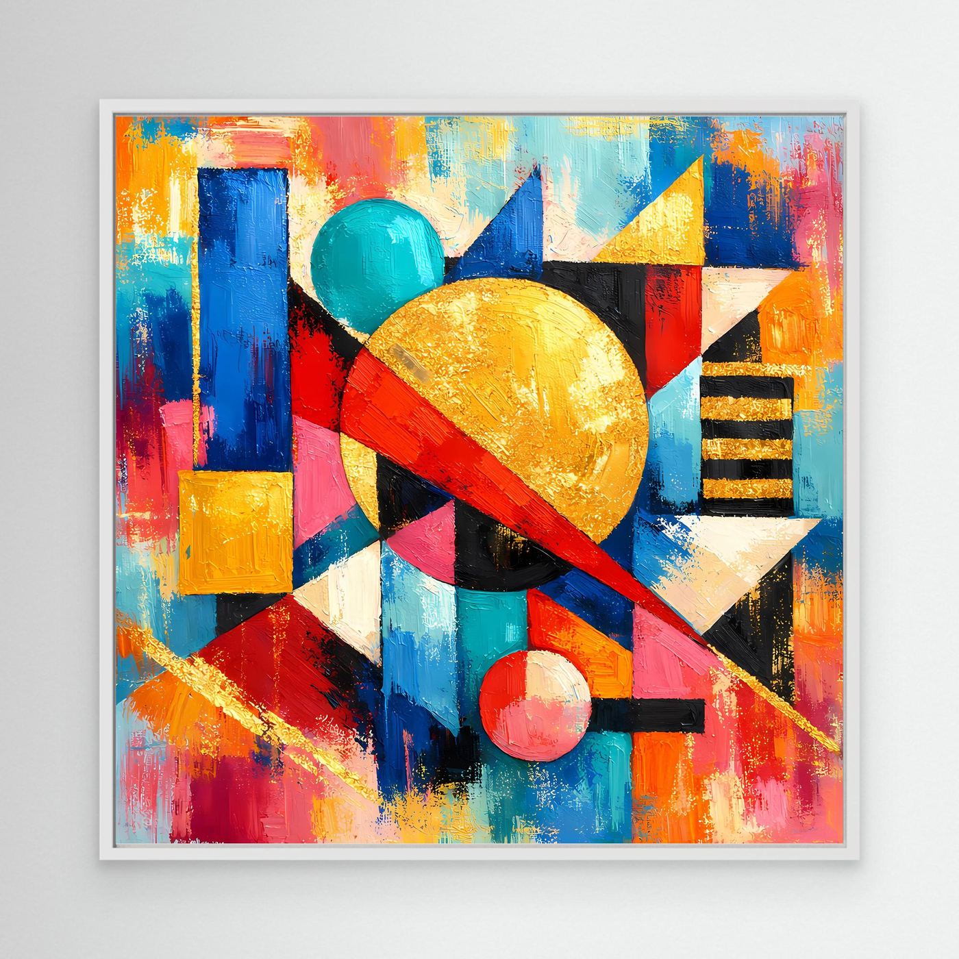 Leinwandbild mit weißem Rahmen und abstrakten geometrischen Formen, bunte Kreise und Streifen