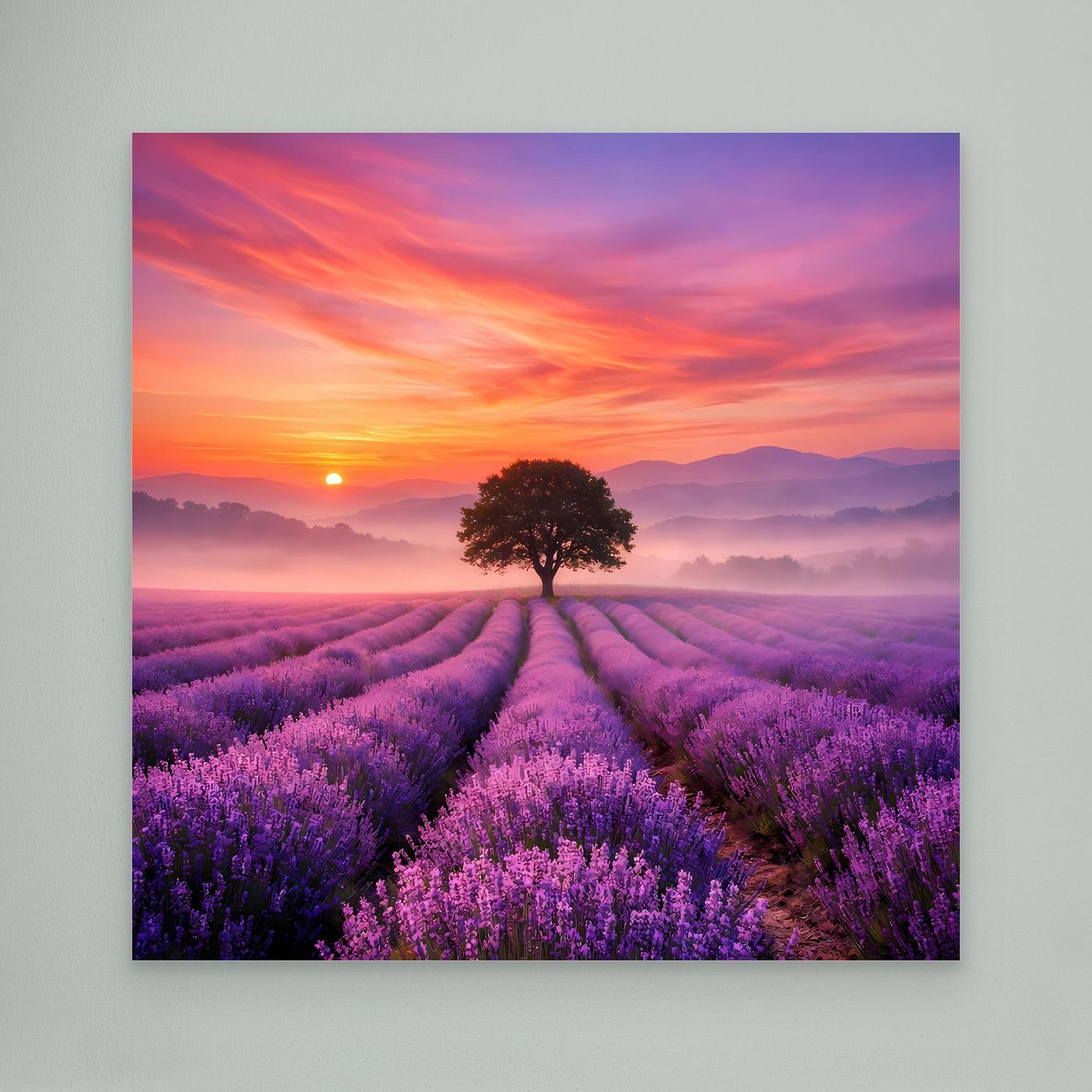 Leinwandbild Lavendelfeld mit Sonnenaufgang und Baum in der Mitte, ohne Rahmen