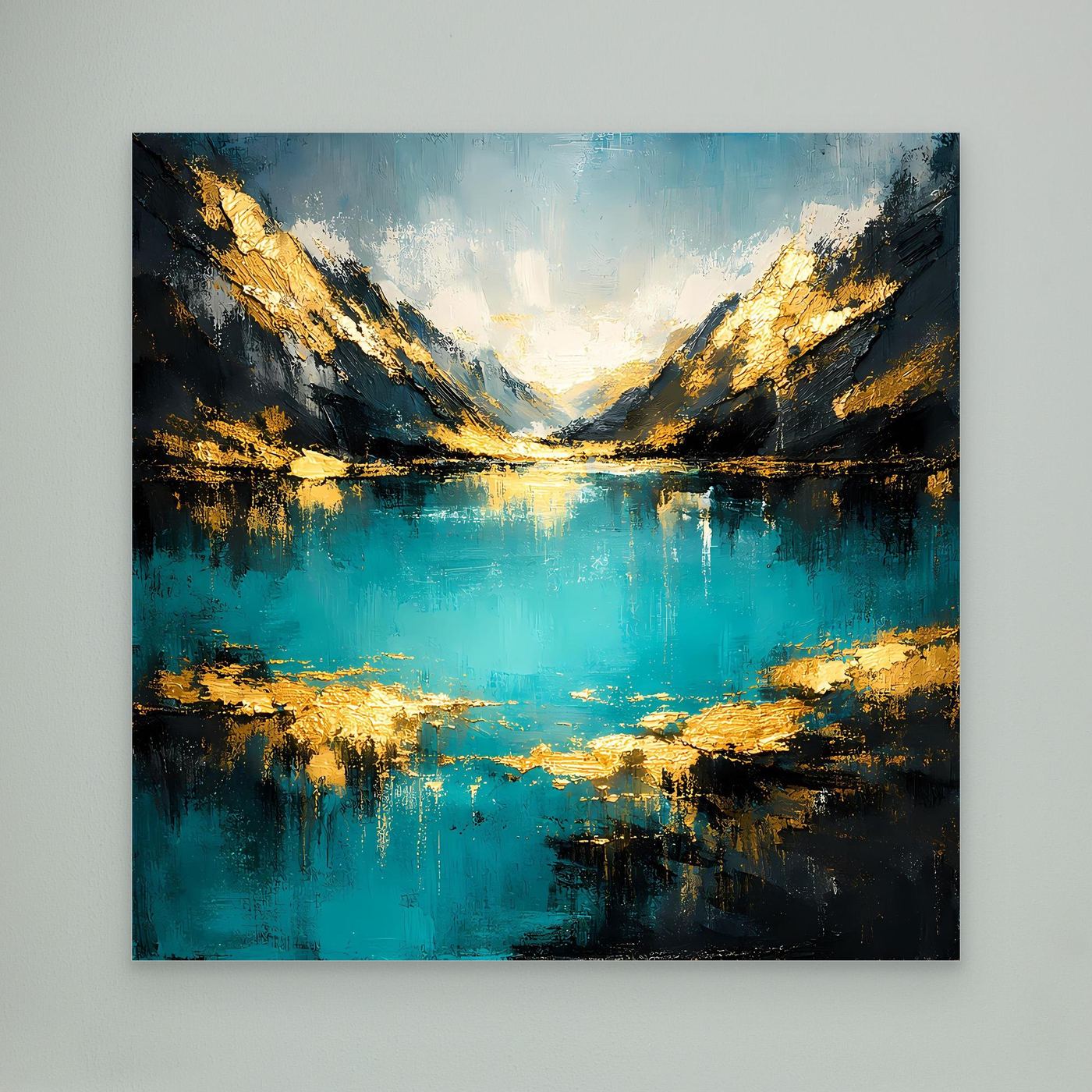 Abstraktes Leinwand-Wandbild mit Bergsee in Türkis und Gold, ohne Rahmen