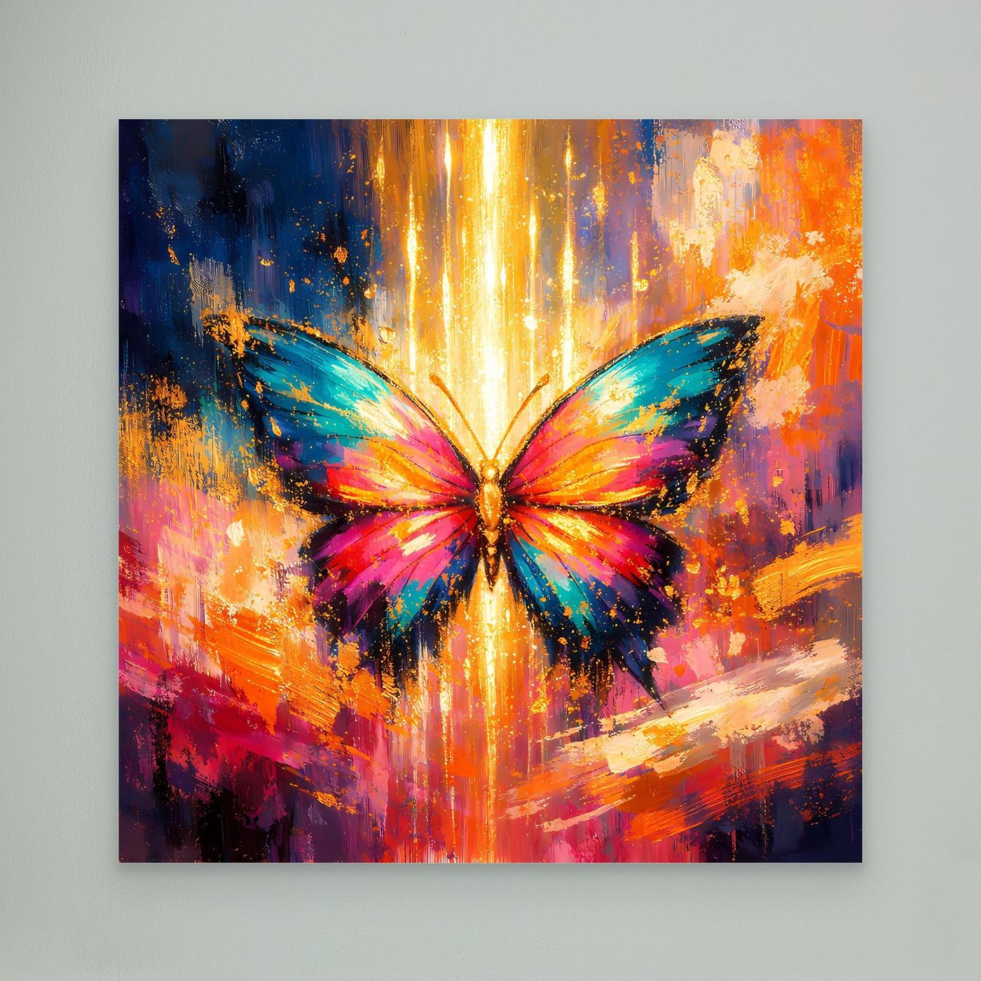 Wandbild mit leuchtendem Schmetterling im Lichtstrahl, mehrfarbige abstrakte Pinselstriche