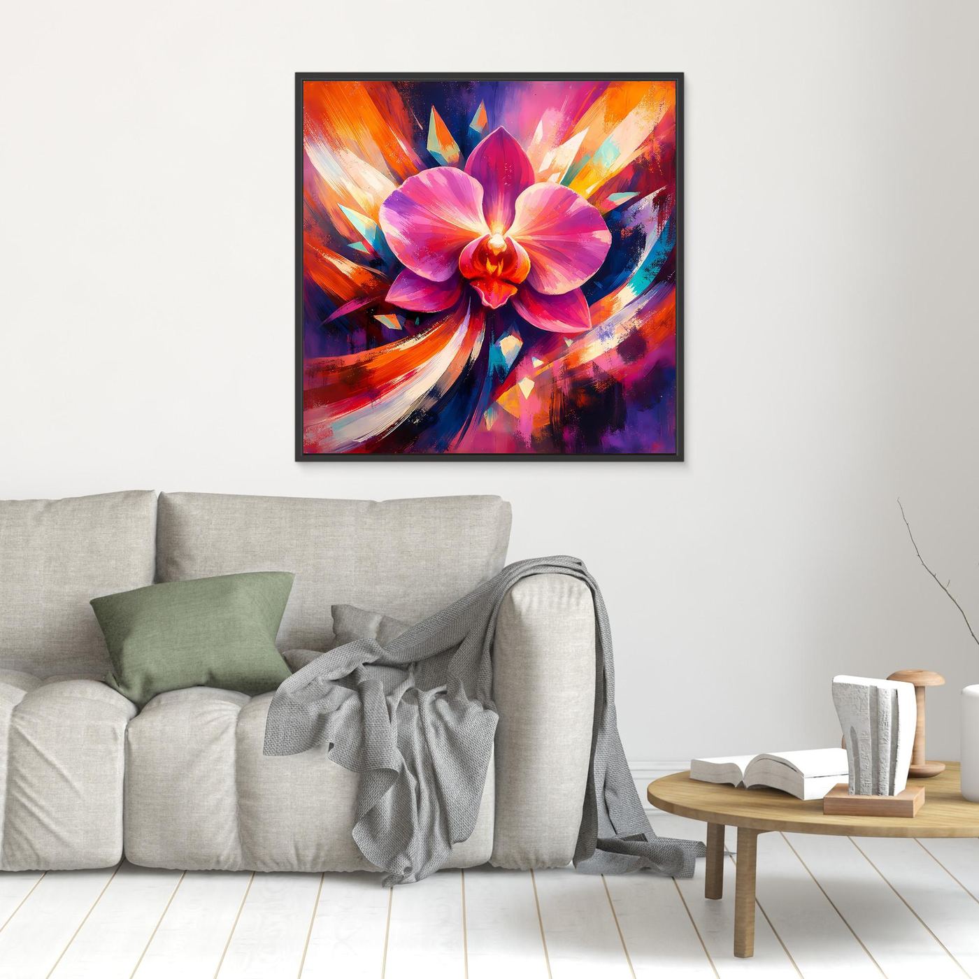 Kleines gerahmtes Leinwandbild mit abstrakter Orchidee in Pink und Lila, schwarzer Rahmen.