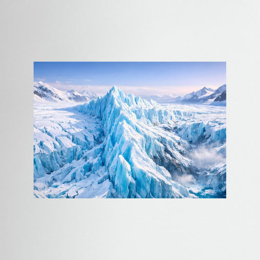 Winterposter mit Eisgletscher-Panorama, blaues Bergmassiv und schneebedeckte Landschaft