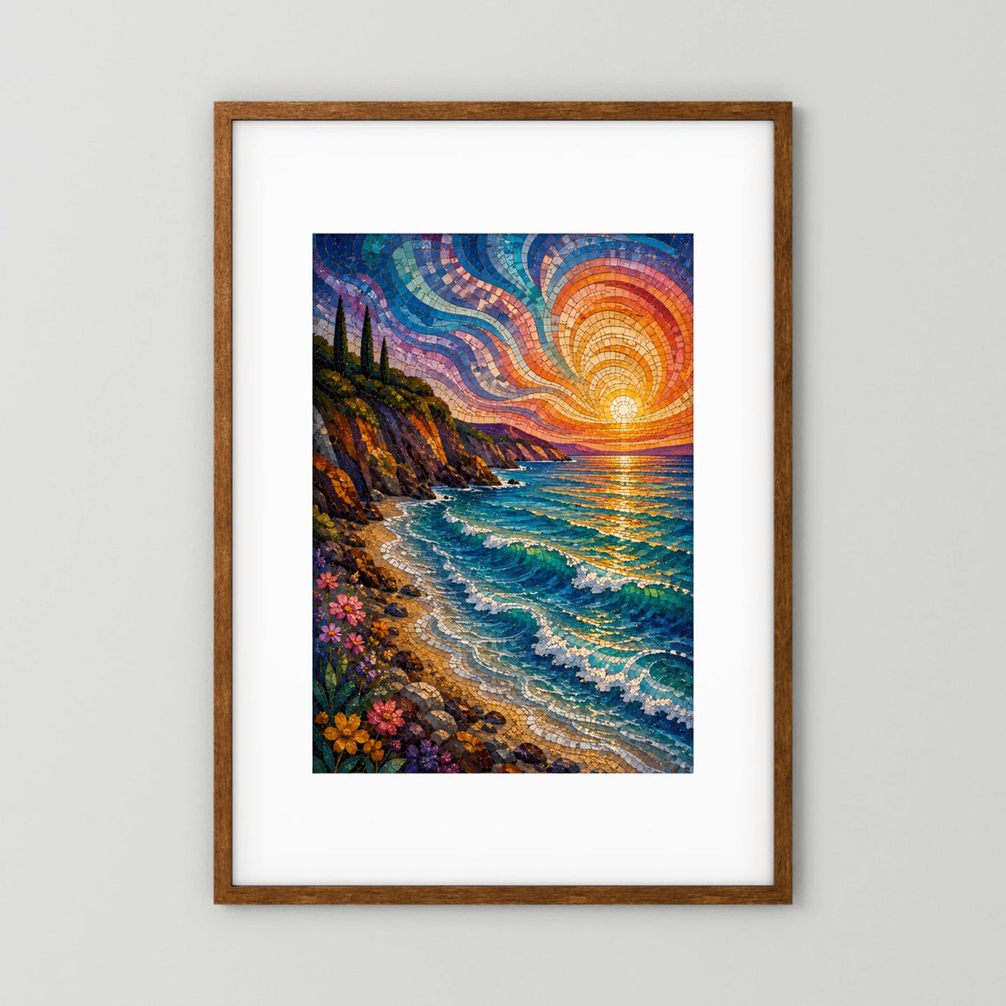 Mediterrane Küste im Mosaikstil | Sonnenuntergang am türkisblauen Meer | Poster Hochformat