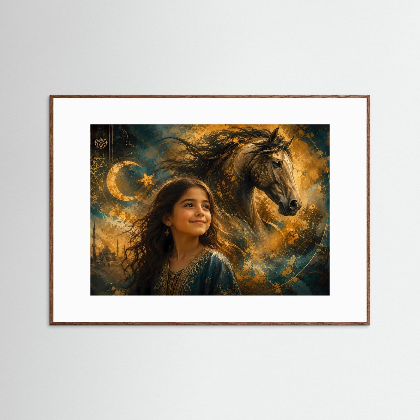 Türkisches Mädchen mit Pferd | Mystische Wandkunst in Gold & Petrol