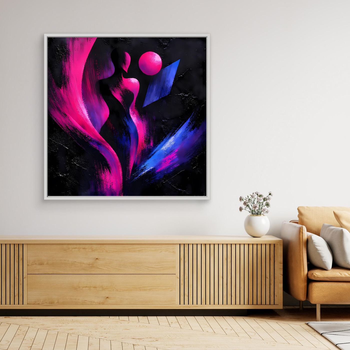 Gerahmtes Leinwandbild mit abstrakter Silhouette in Neonpink und Blau, heller Rahmen