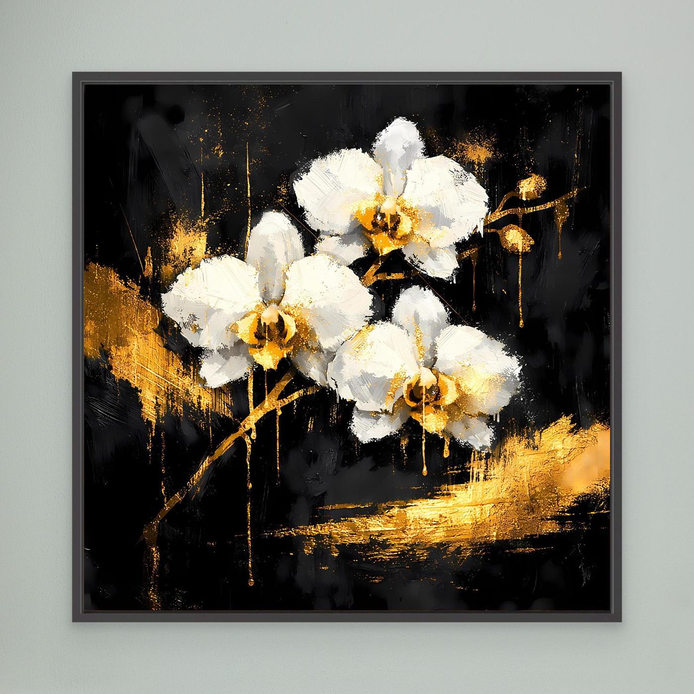 Leinwand Elegante Orchideen in Gold und Schwarz | Modernes Florales Luxus Wandbild