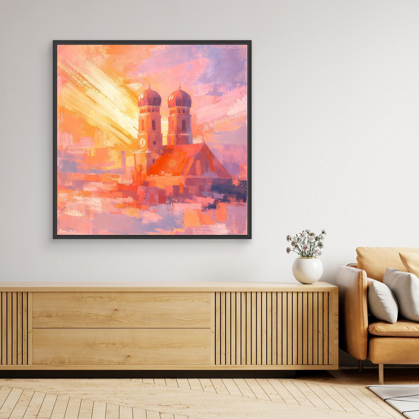 Premium Leinwand Frauenkirche München im Sonnenaufgang | Abstraktes Skyline Wandbild Bayern