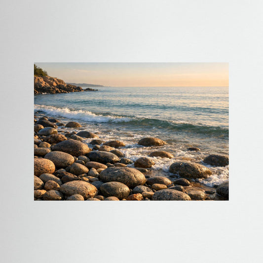 Meer-und-Steinposter im Querformat ohne Rahmen, Strand mit Steinen und Wellen bei Abendlicht.
