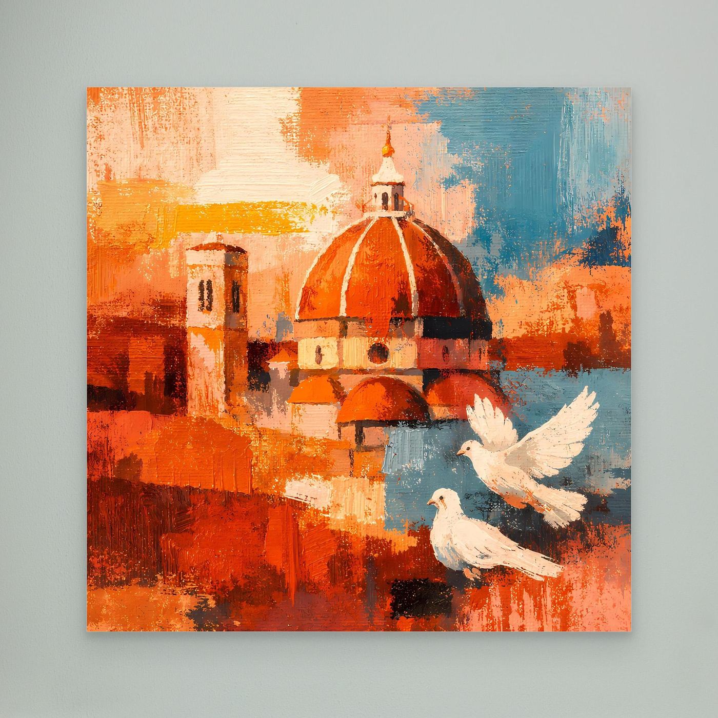 Abstraktes Leinwandbild mit Florenz-Dom und weißen Tauben, ohne Rahmen, orange und blau