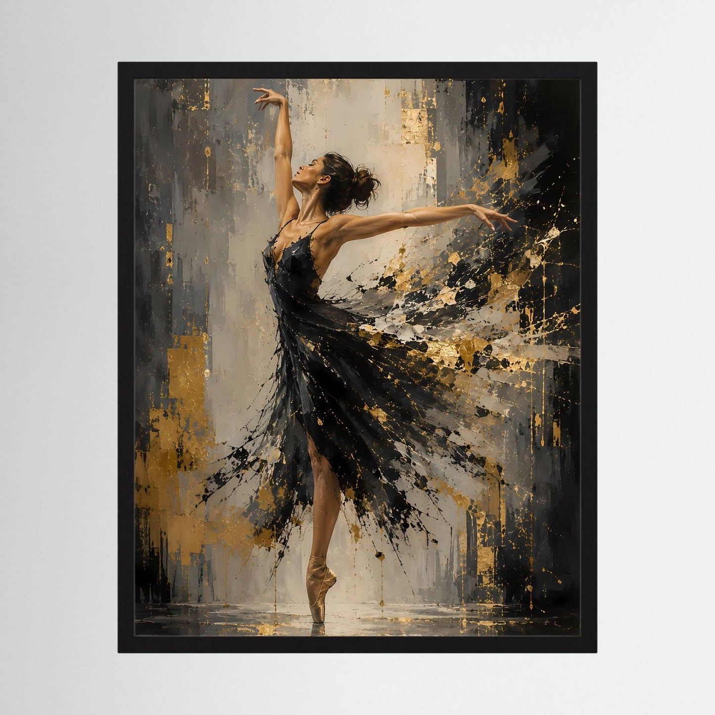 Kunstposter mit Ballerina im schwarzen Tutu und goldenen Sprenkeln auf abstraktem Hintergrund