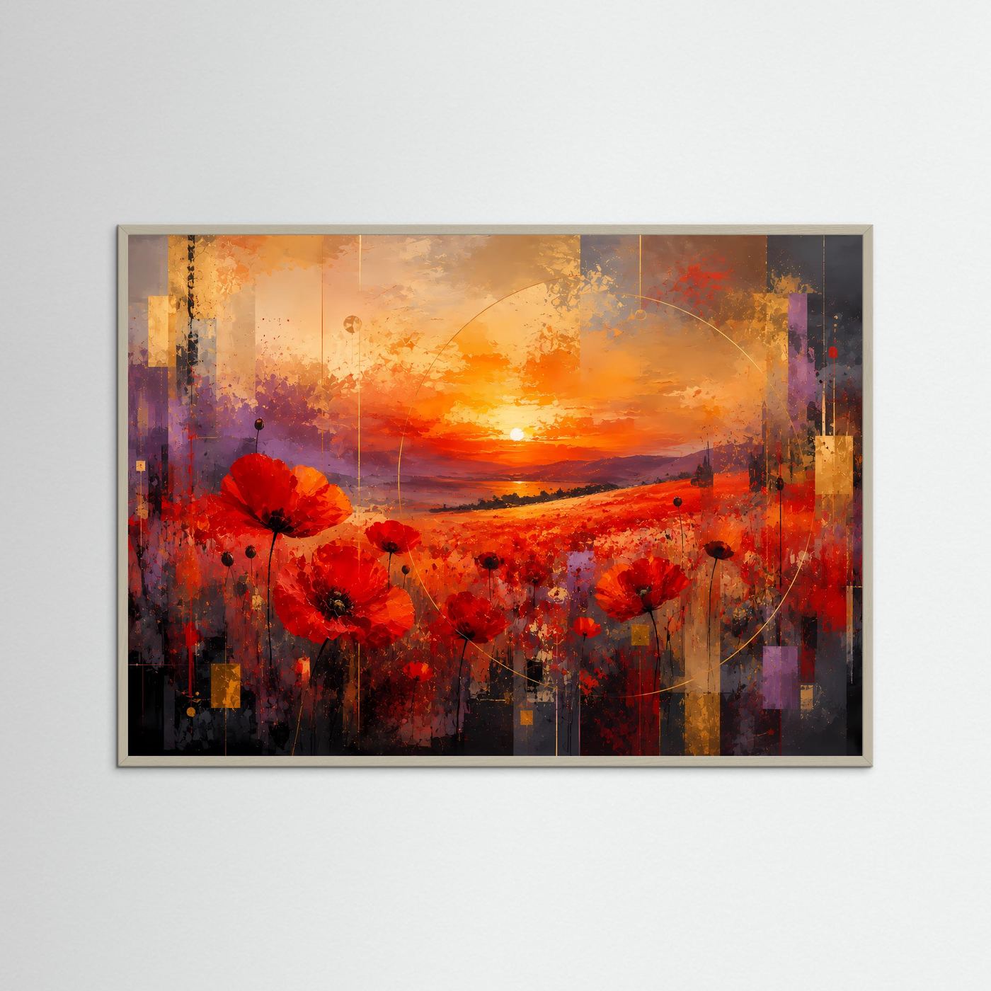 Mohnblumenfeld bei Sonnenuntergang Poster Querformat | Abstrakte Landschaft mit roten Mohnblumen | Modernes Wandbild in Rot, Orange & Gold