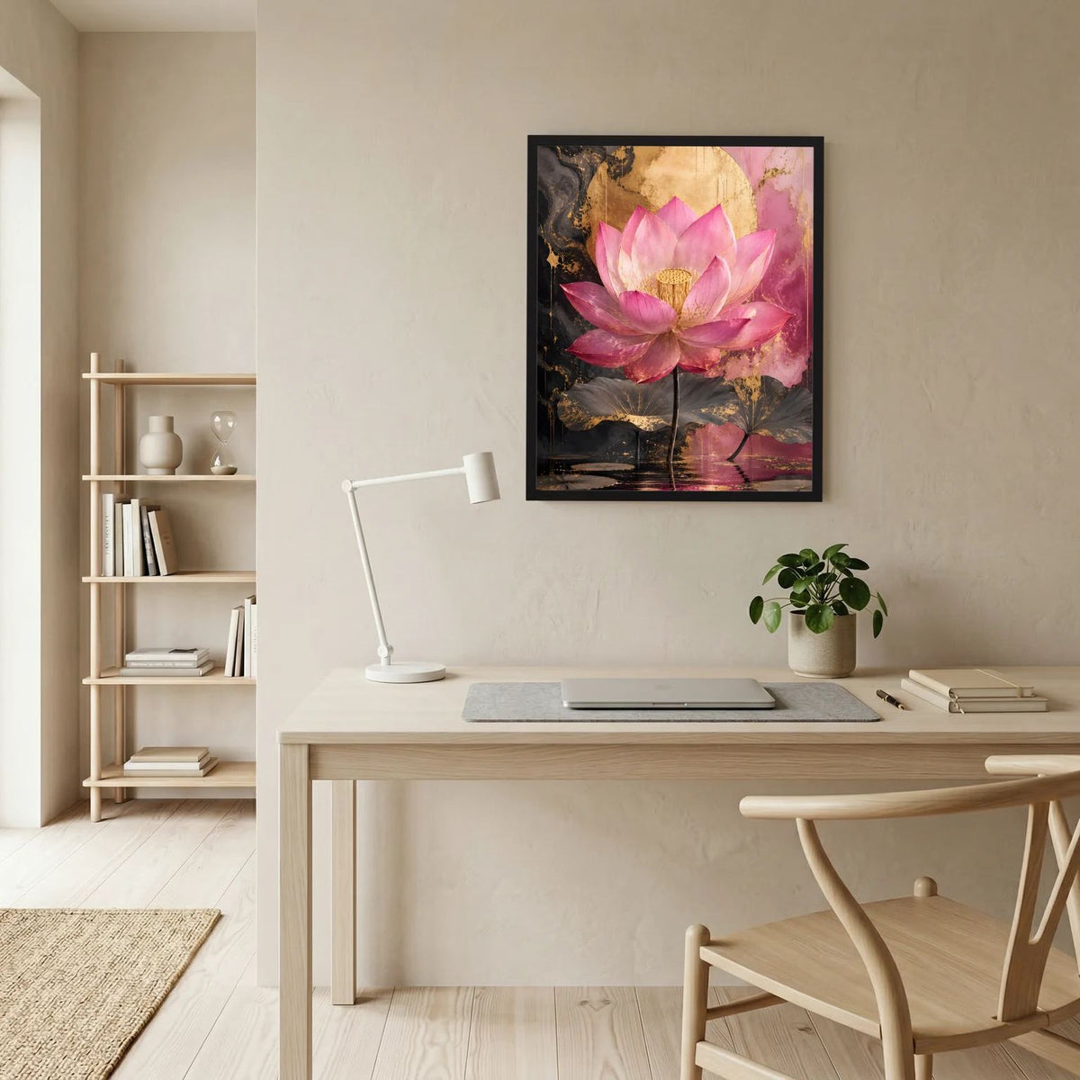 Lotusblumen-Wandbild mit dunklem Rahmen, rosa Lotusblüte, dunkler Hintergrund mit Goldakzenten