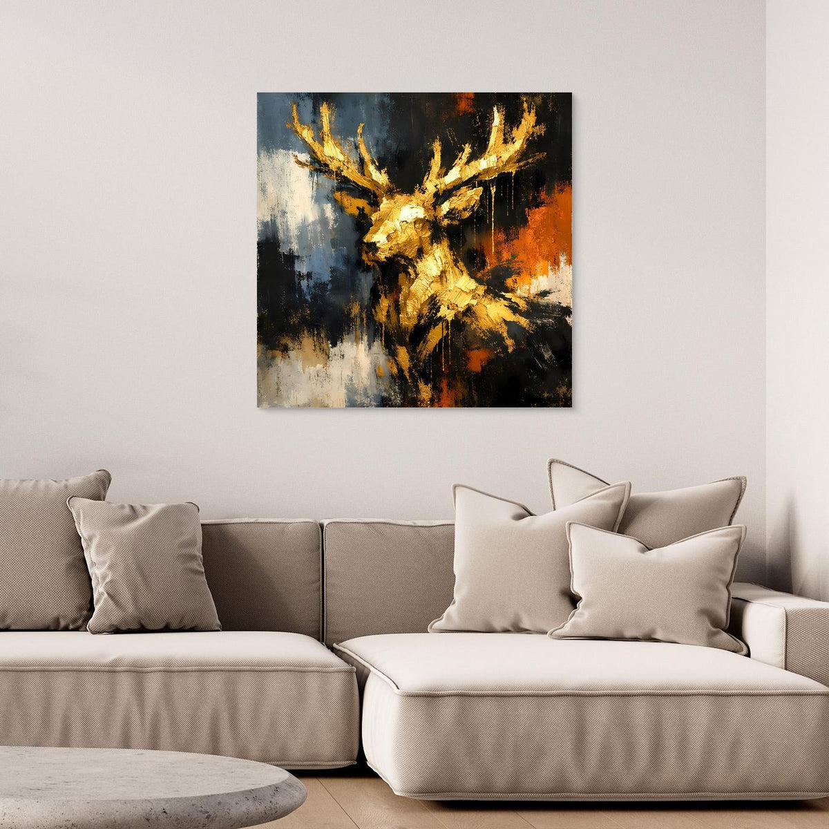 Leinwandbild mit goldenem Hirschkopf, abstrakten Farbstrichen in Blau und Orange, ohne Rahmen
