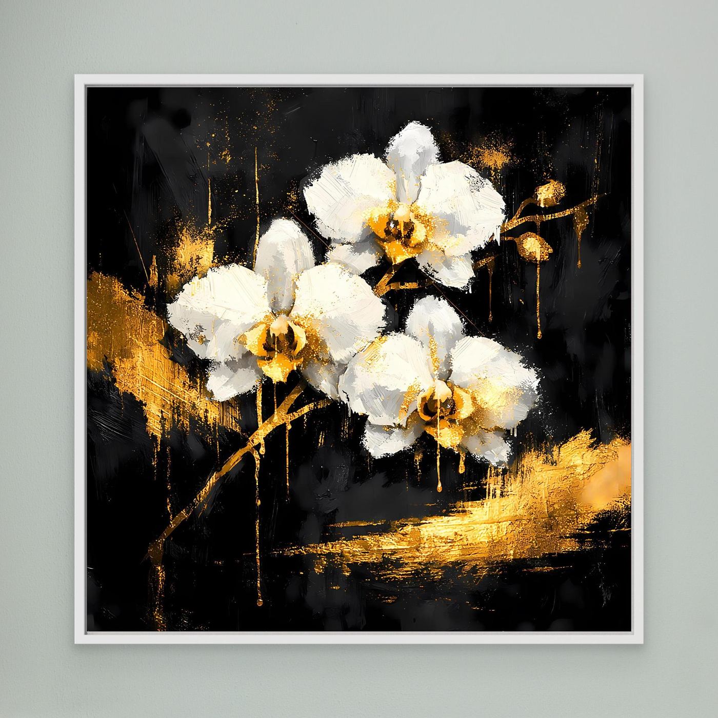 Leinwand Elegante Orchideen in Gold und Schwarz | Modernes Florales Luxus Wandbild
