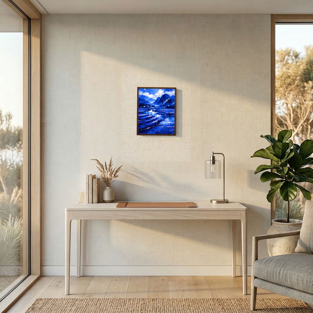 Abstraktes Poster mit blauem Bergsee, klein und gerahmt, an beiger Wand