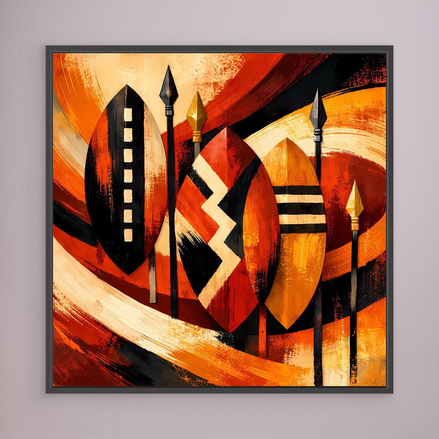Leinwandbild mit afrikanischen Schild- und Speermotiven in warmem Orange, im dunkelgrauen Rahmen