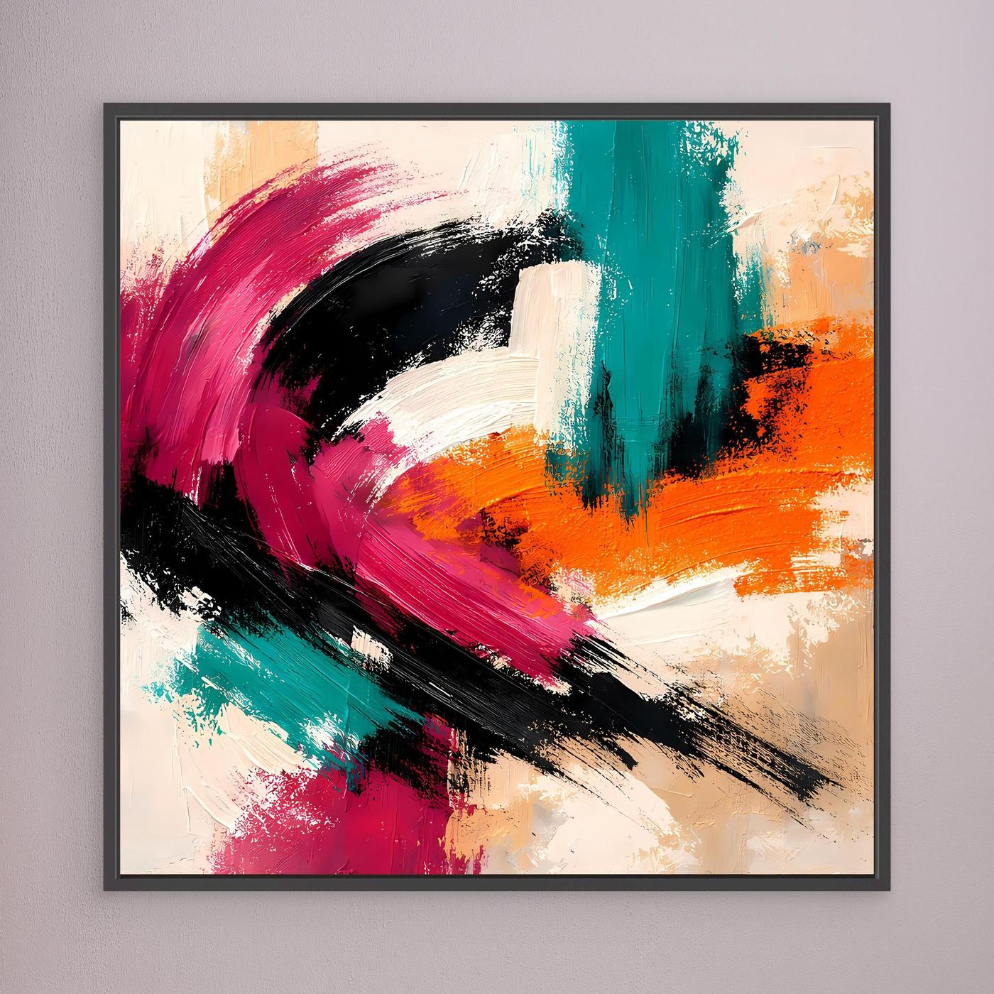 Wandbild mit abstrakten Pinselstrichen in Pink, Türkis und Orange, schwarzer Rahmen