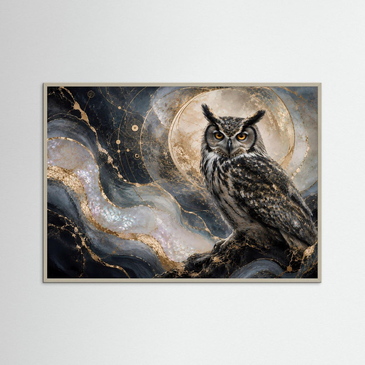 Wandbild-Poster Querformat mit Eule im Mondlicht im grauen Holzrahmen