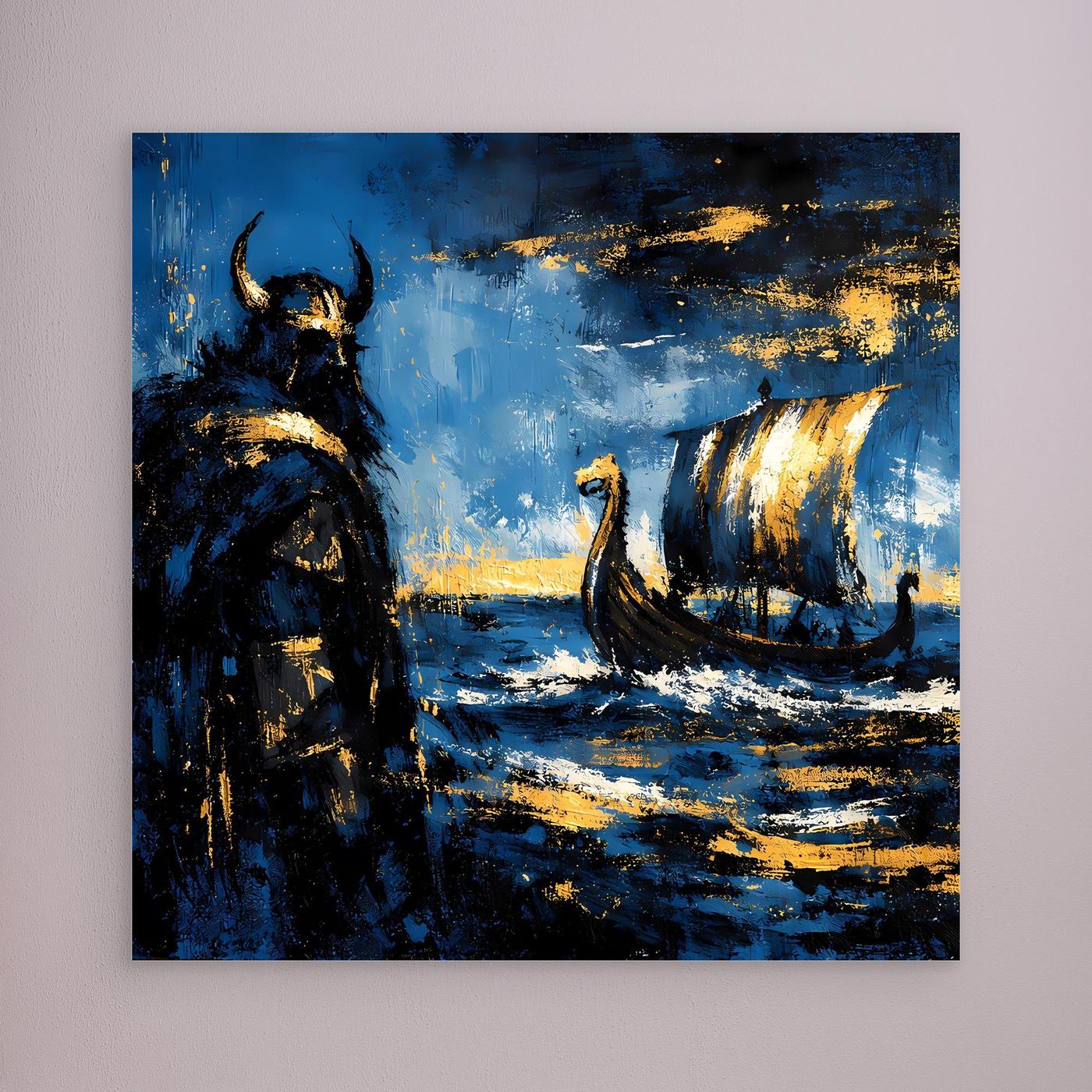 Leinwand Mythischer Wikinger und Langschiff | Abstraktes Nordisches Wandbild