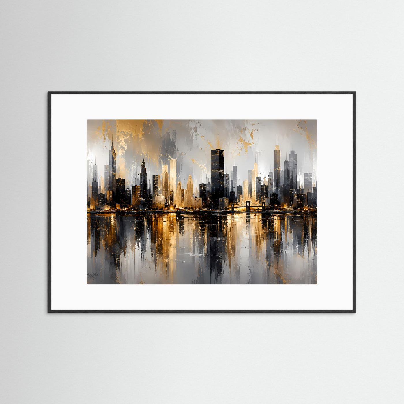 Stadtkunst-Poster Querformat mit Skyline, Wasserreflexion und schwarzem Rahmen mit weißem Rand