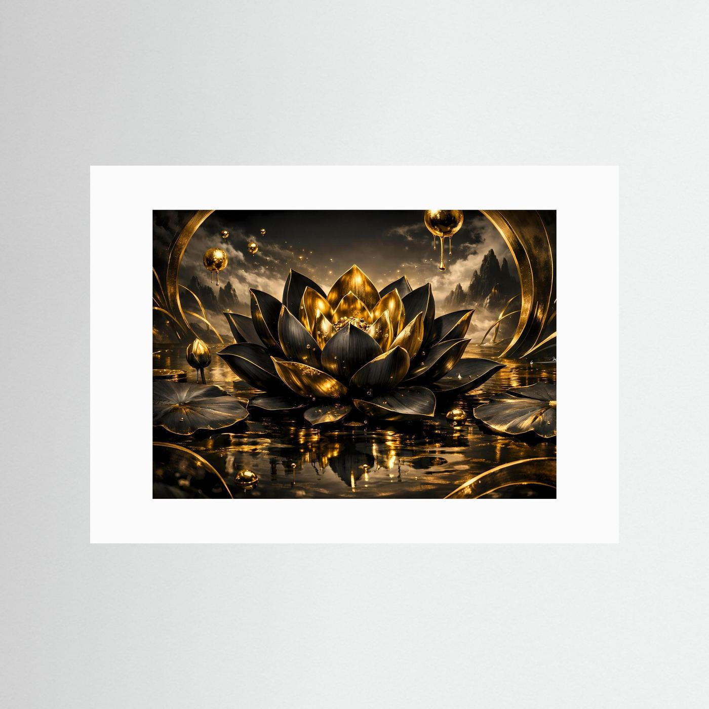 Wandbild: goldene Lotusblüte auf dunklem Wasser, Spiegelungen, weißer Rahmen