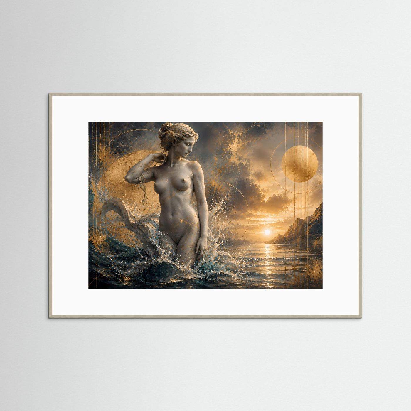 Poster mit Frauenfigur zwischen Wellen, goldener Himmel und runder Mondscheibe, hellgrau gerahmt