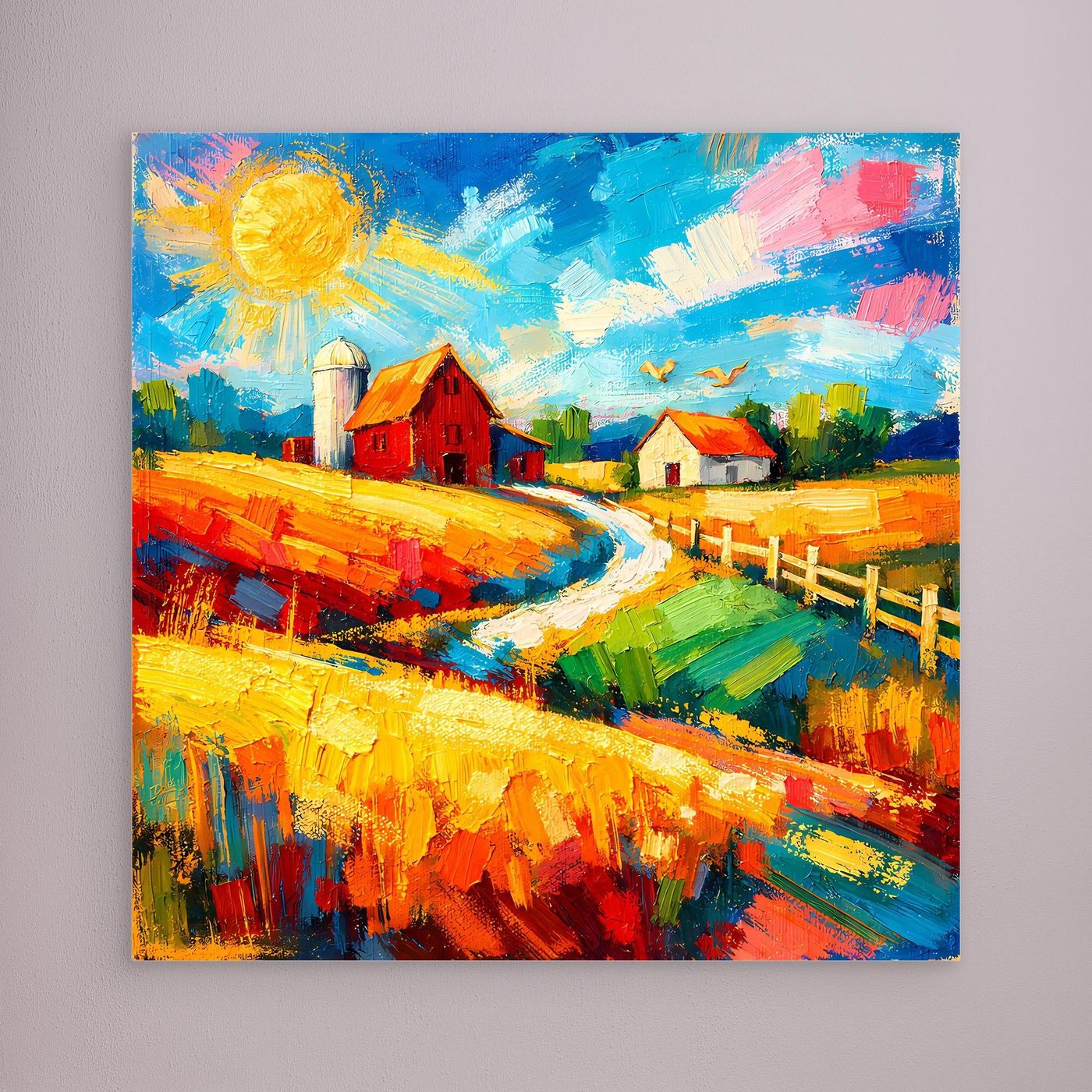 Leinwandbild ohne Rahmen mit roter Scheune, Feldweg und gelber Sonne im bunten Stil