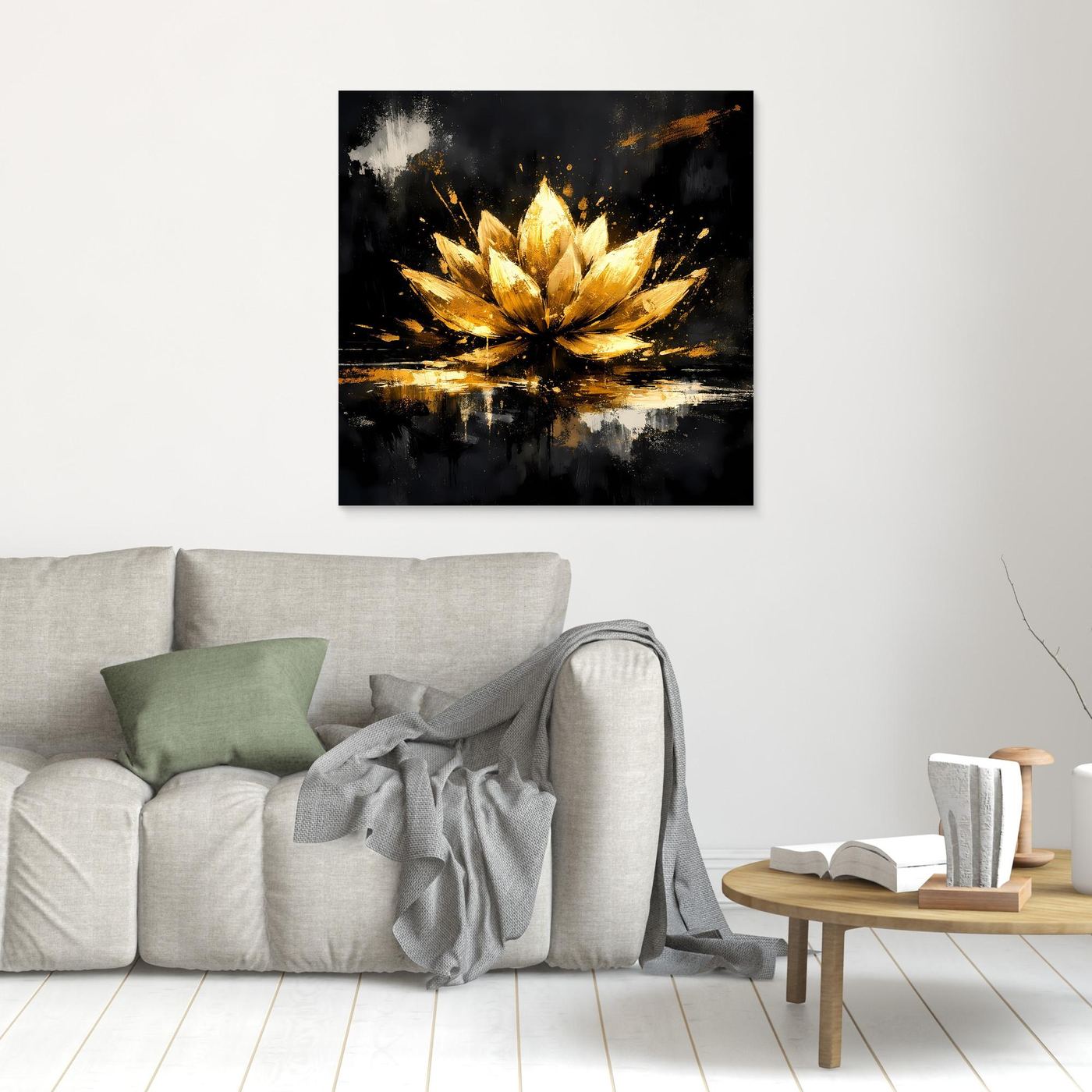 Leinwand Goldene Lotusblüte Abstrakt | Modernes Lotus Wandbild Schwarz Gold