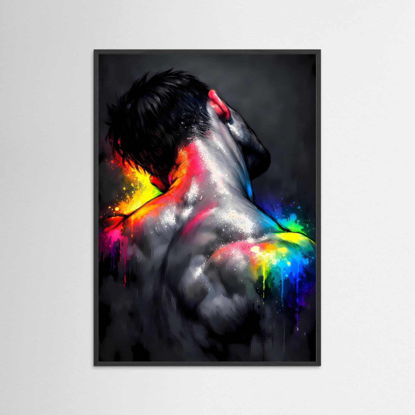The Neon Back | Luxuriöses Mann Rückenakt Poster Bunt & Dunkel | Abstraktes Body Art Kunstposter Hochformat