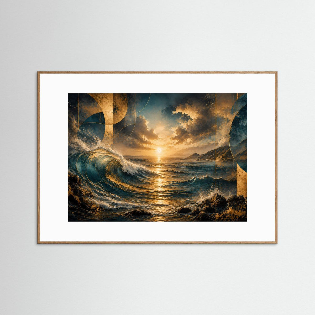 Gerahmtes Poster mit abstrakten Meereswellen und goldener Abendsonne, goldbraunem Rahmen im Querformat