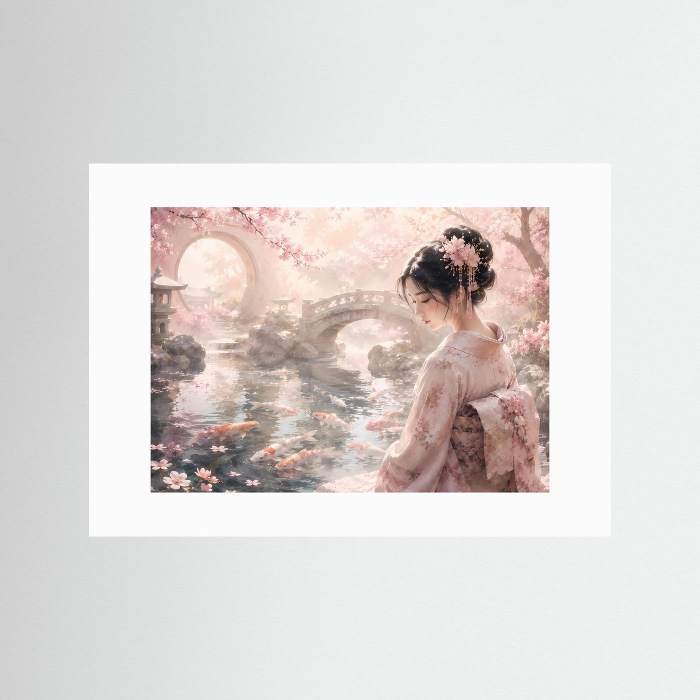 Japanisches Poster mit Geisha im Kimono am Koi-Teich und Kirschblüten, mit weißem Passepartout.