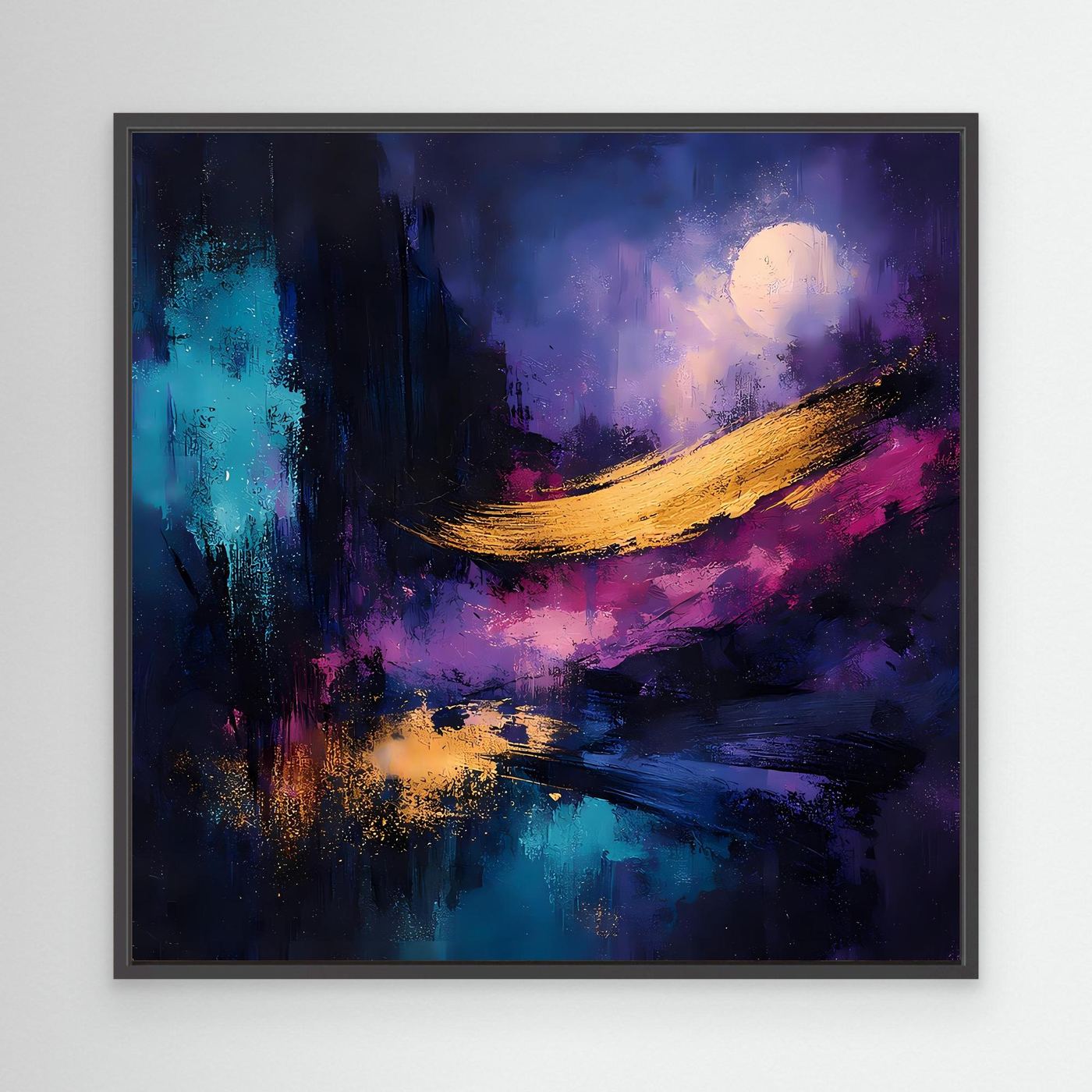 Abstraktes Leinwand-Wandbild mit Vollmond, schwarzer Rahmen