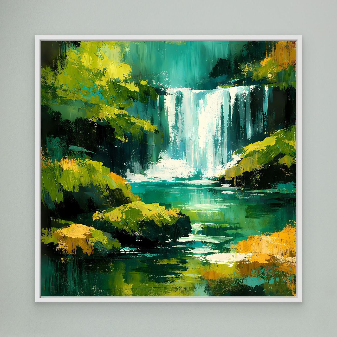 Abstraktes Leinwandbild mit Wasserfall und Dschungelgrün, weiß gerahmt