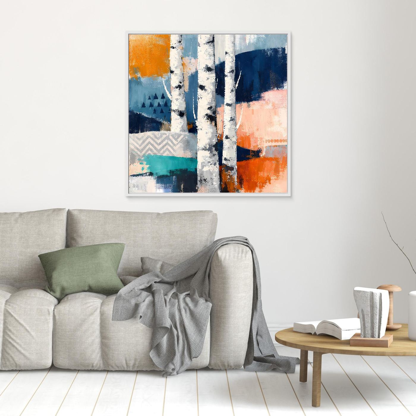 Leinwandbild mit abstrakten Birkenstämmen in Weiß, Blau- und Orangeflächen ohne Rahmen