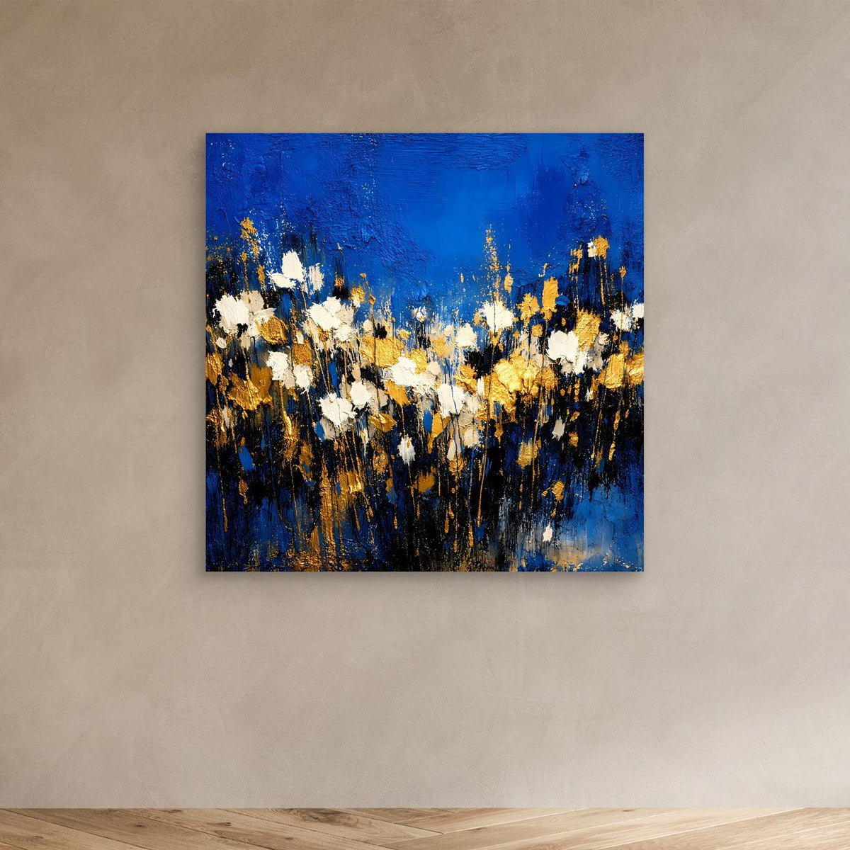 Abstraktes Wandbild ohne Rahmen in Blau, Weiß und Gold mit Pinselstrichen