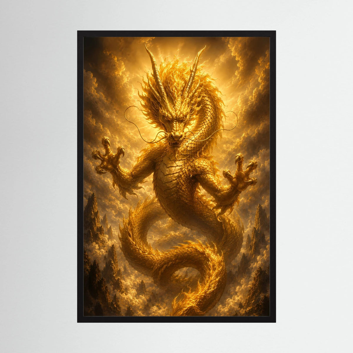 Poster im Hochformat mit goldenem chinesischem Drachen, schwarze Rahmenumrandung