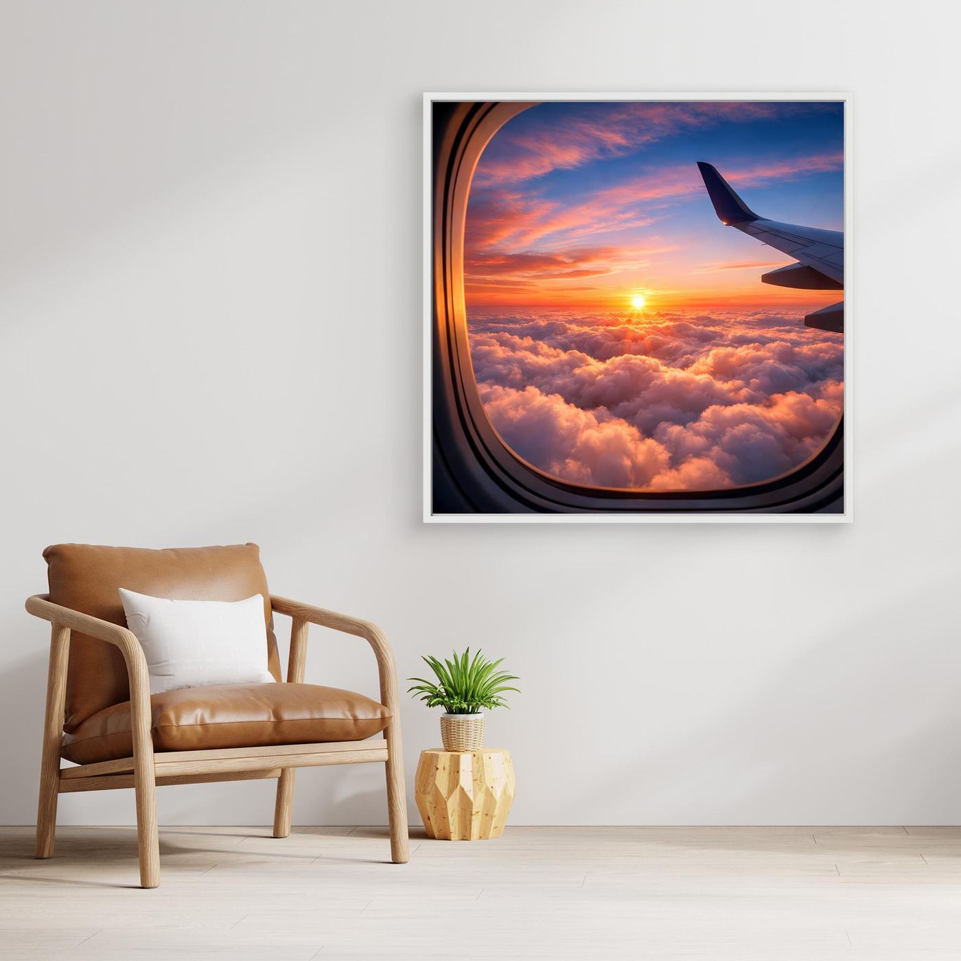 Leinwandbild mit Flugzeugfenster, Sonnenuntergang über Wolken, dunkler Rahmen
