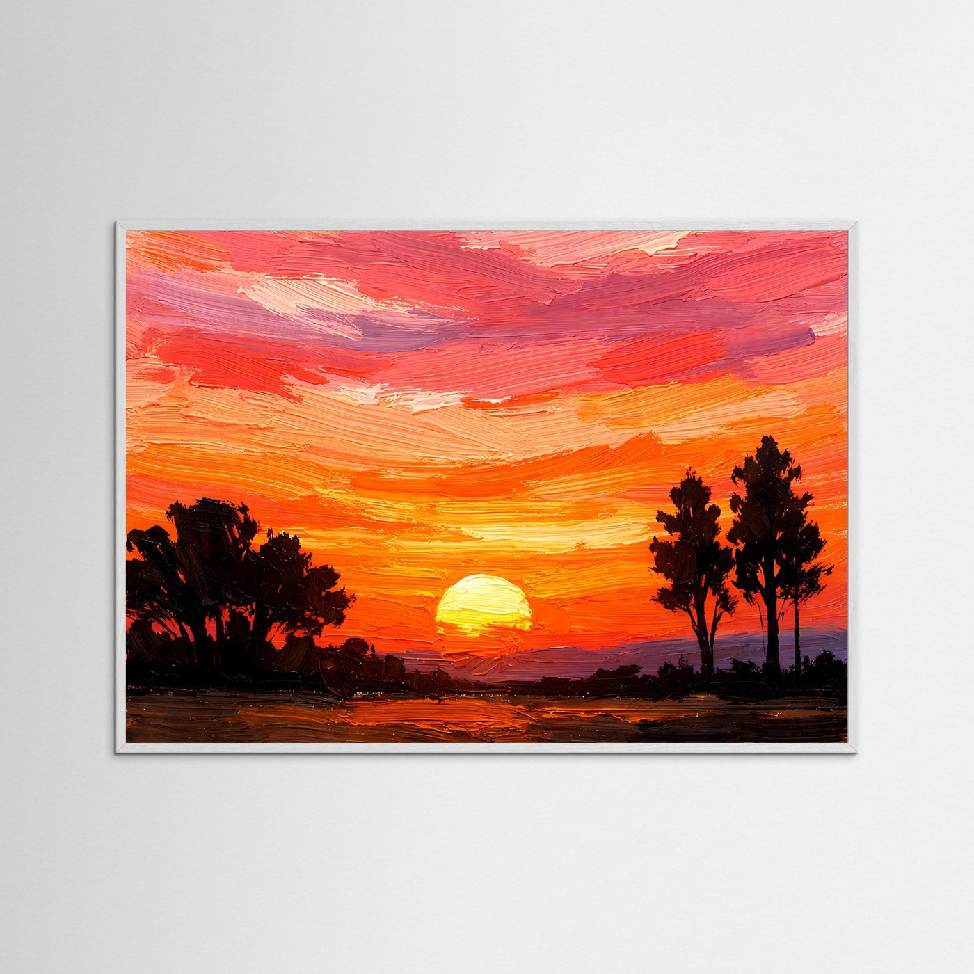 Acrylkunstwerk im Querformat mit Sonnenuntergang, Sonne und Baum-Silhouetten; grauer Rahmen
