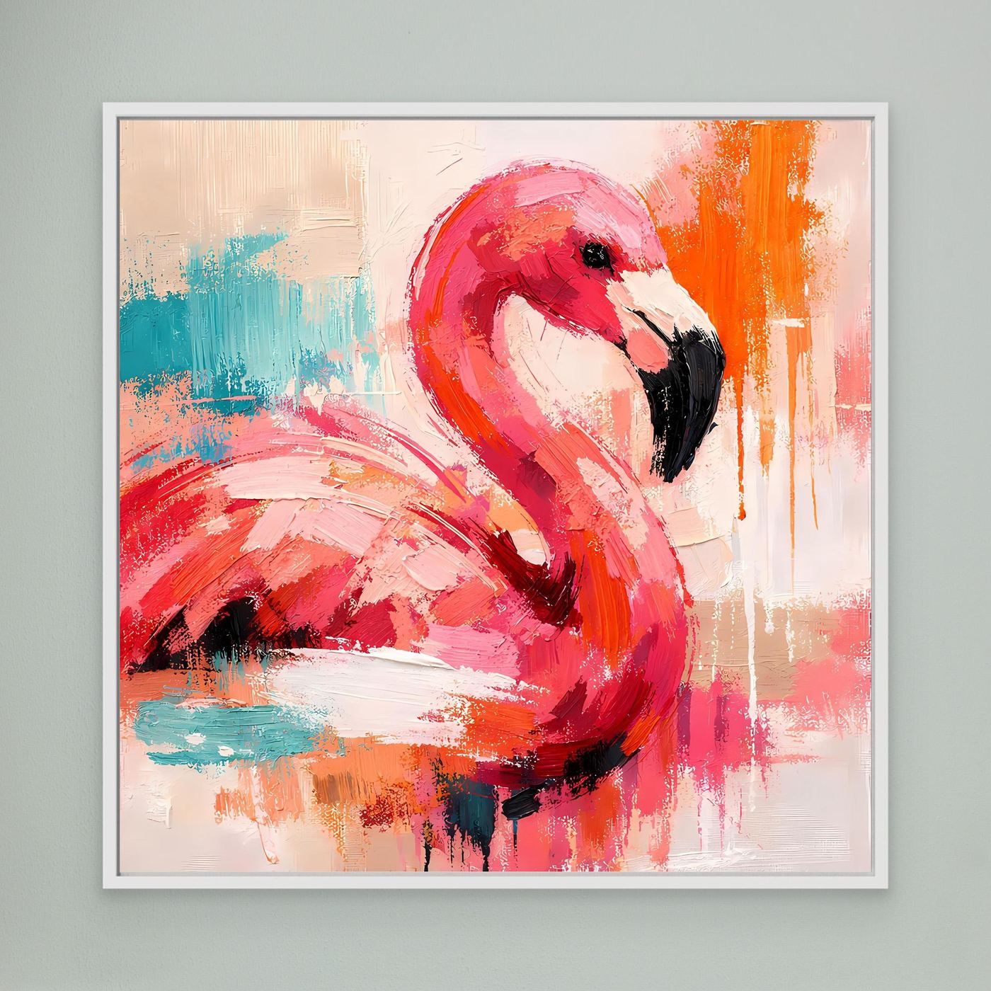 Gerahmtes Leinwandbild mit abstraktem Flamingo, rot, türkis, orange
