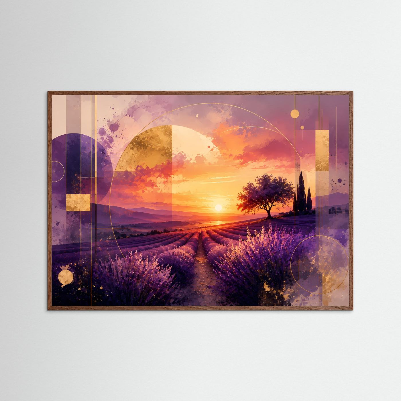 Gerahmter Kunstdruck mit Lavendelfeld bei Sonnenuntergang in Lila und goldenen Akzenten