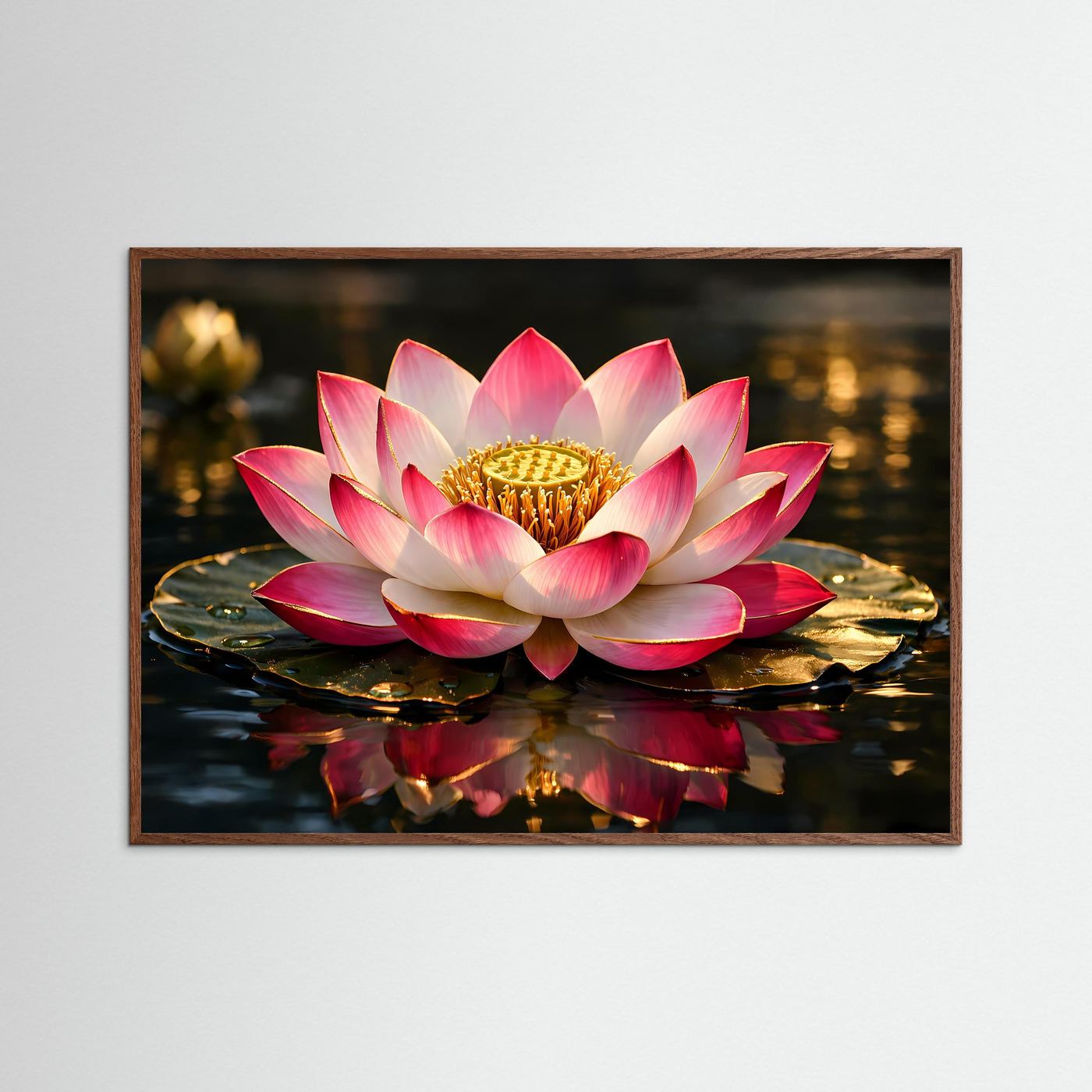 Poster mit Lotusblüte im Spiegelwasser, rosa-weiße Blütenblätter, goldener Blütenkern, brauner Holzrahmen
