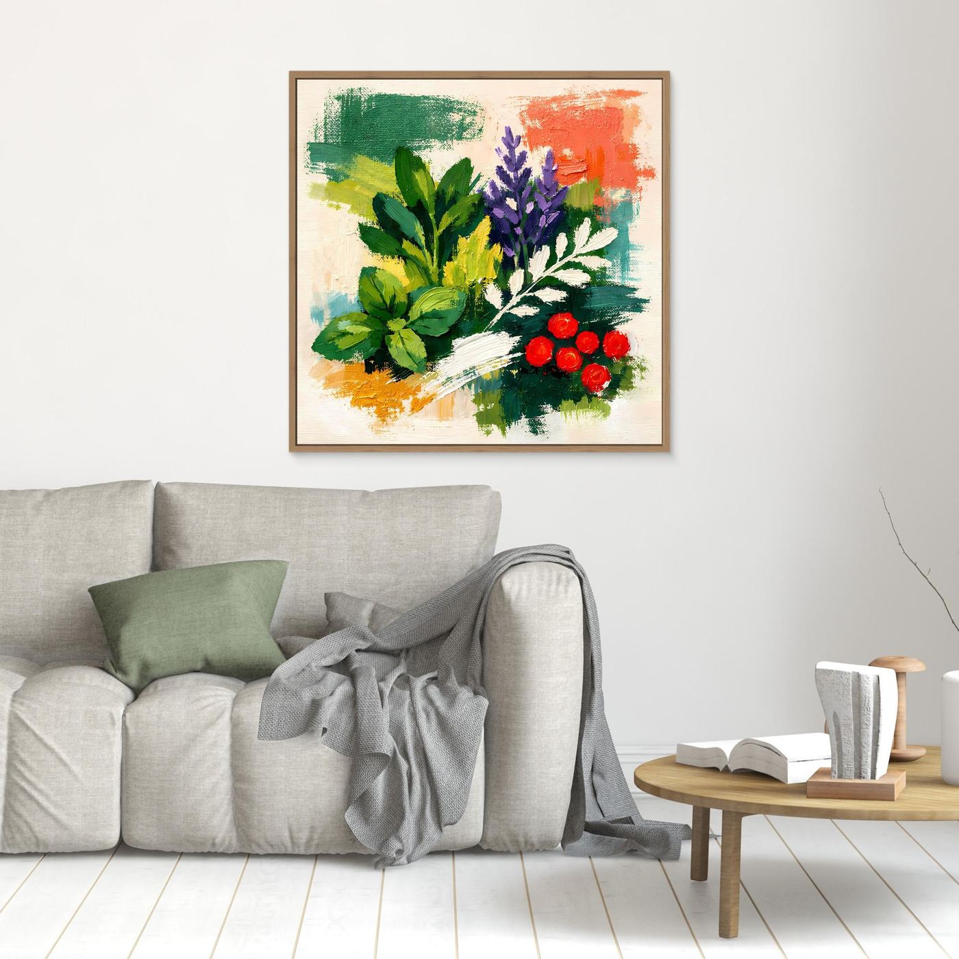 Abstract herb botanical canvas wall art with green, purple, and red flowers, wood frame
