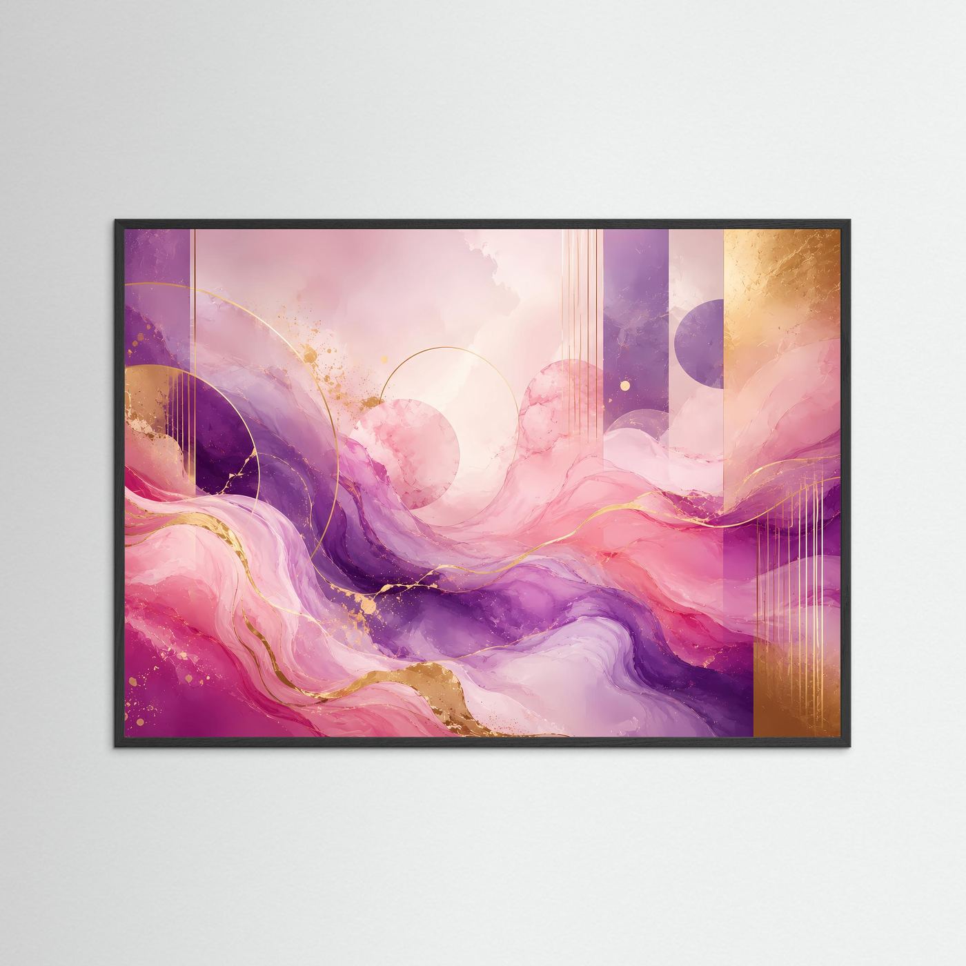 Gerahmtes Poster im Querformat mit abstrakten Wellen in Rosa, Violett und goldenen Akzenten