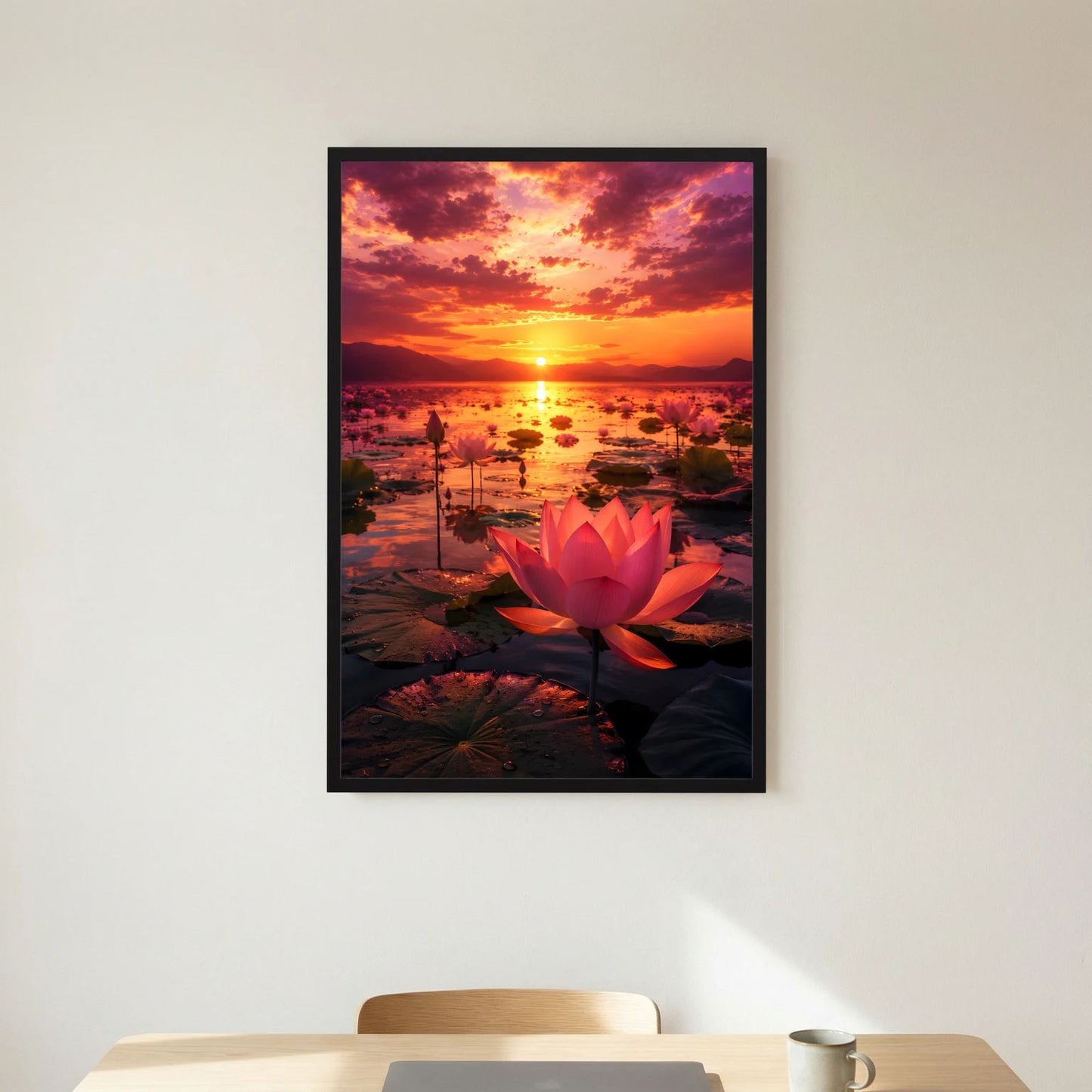 Vertikales Poster mit roter Lotusblüte und Sonnenuntergang, im schwarzen Rahmen.