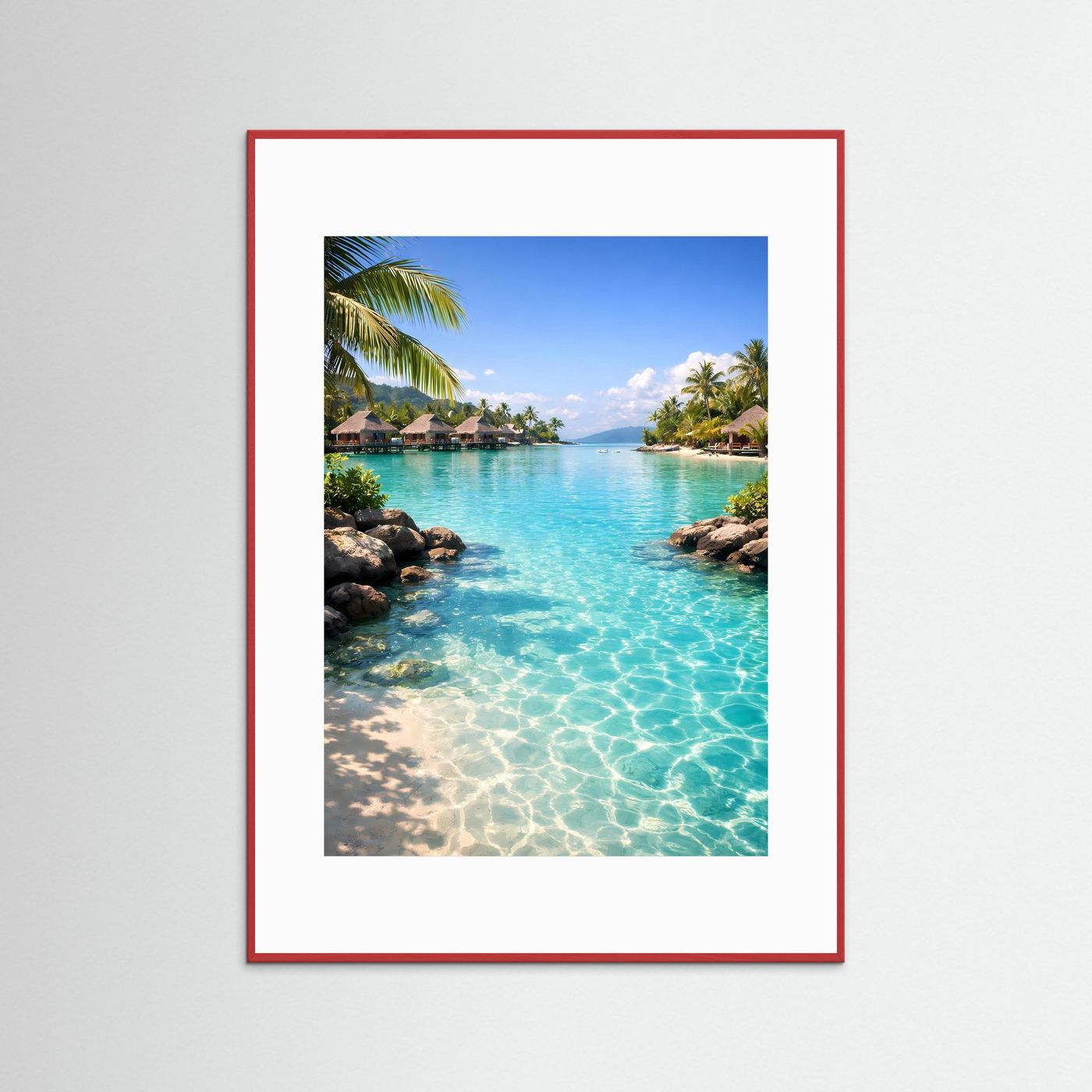 Wandbild „tropische Lagune“ mit türkisblauem Wasser, roter Rahmen und weißem Rand