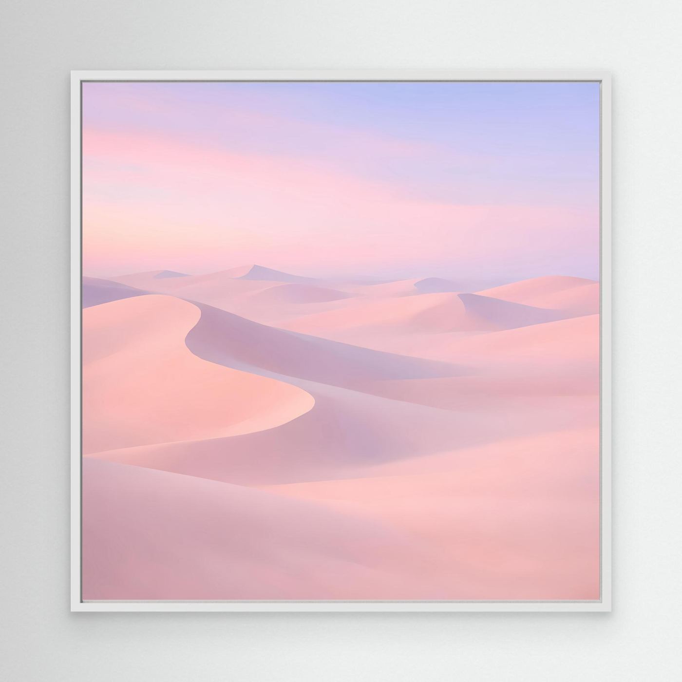 Leinwandbild mit pastellfarbenen Wüstendünen in Rosa und Violett, mit weißem Rahmen