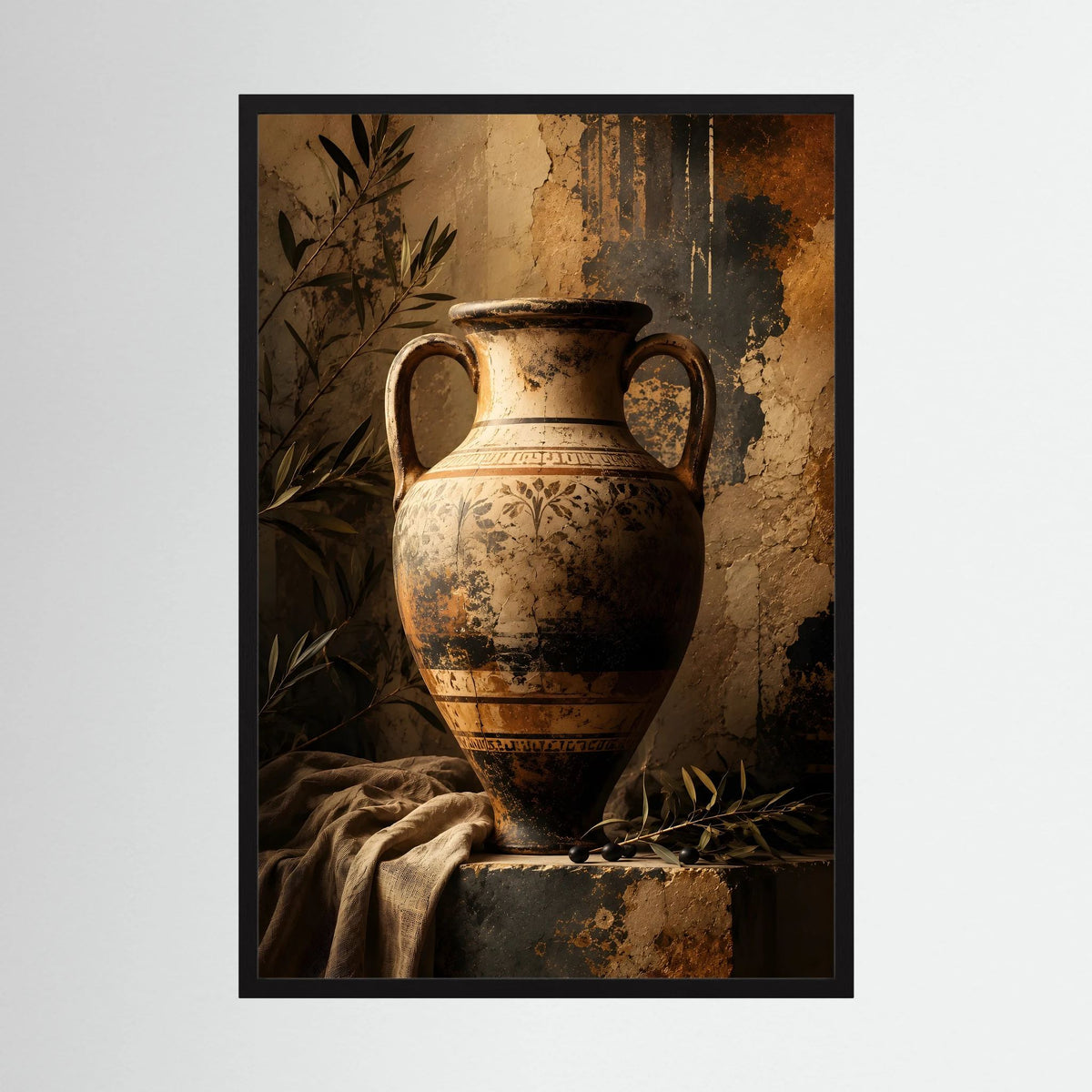 Poster: antike Amphore mit Olivenzweigen, goldene Keramik, schwarzer Rahmen