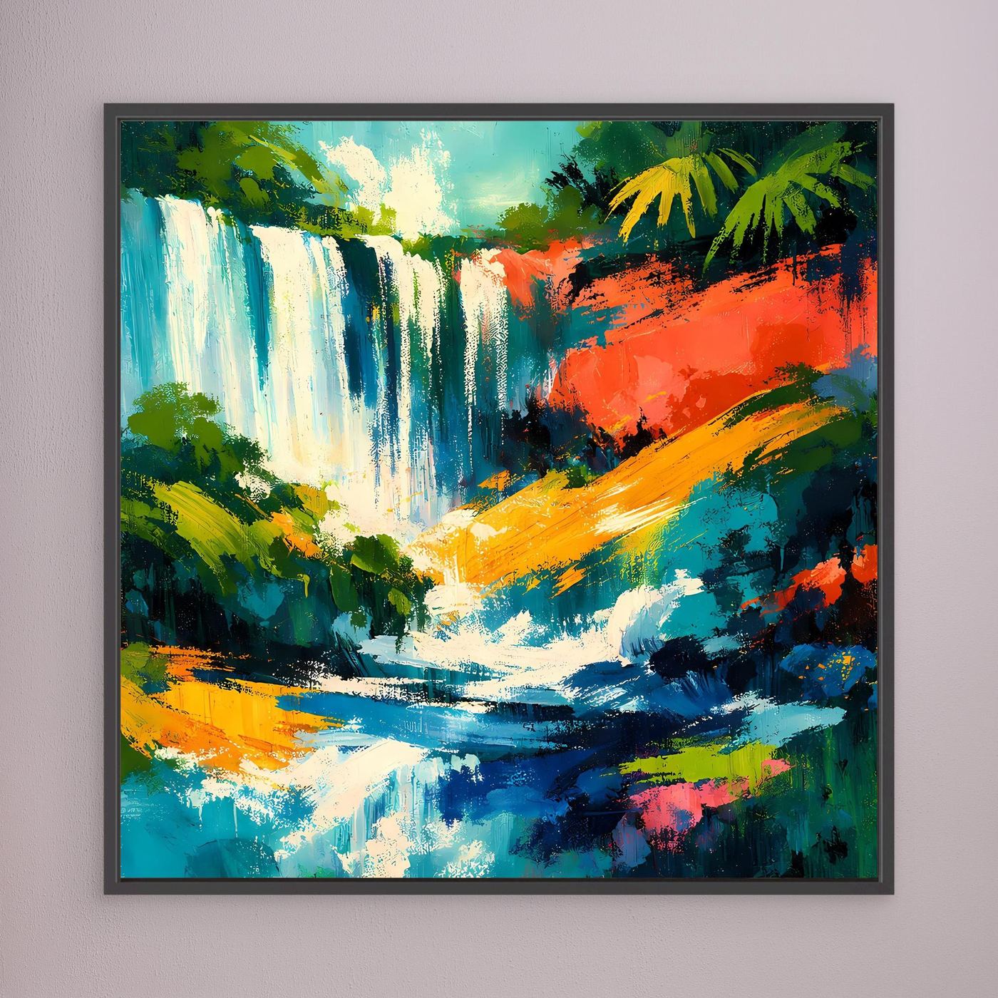 Quadratisches Leinwand-Wandbild mit abstraktem Wasserfall in Tropenfarben, dunkler Rahmen